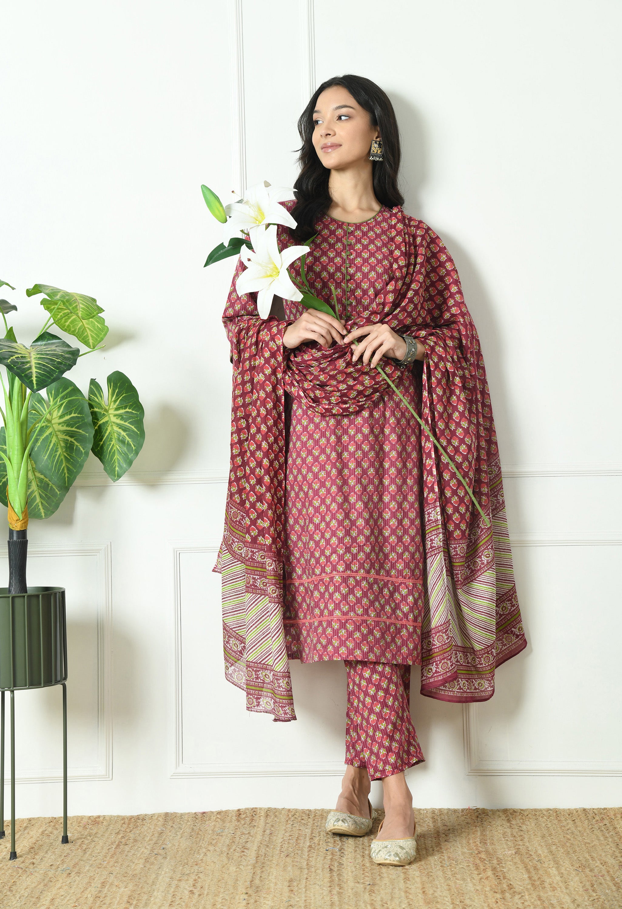 Pure Cotton Katha Kurta with Trouser and Dupatta