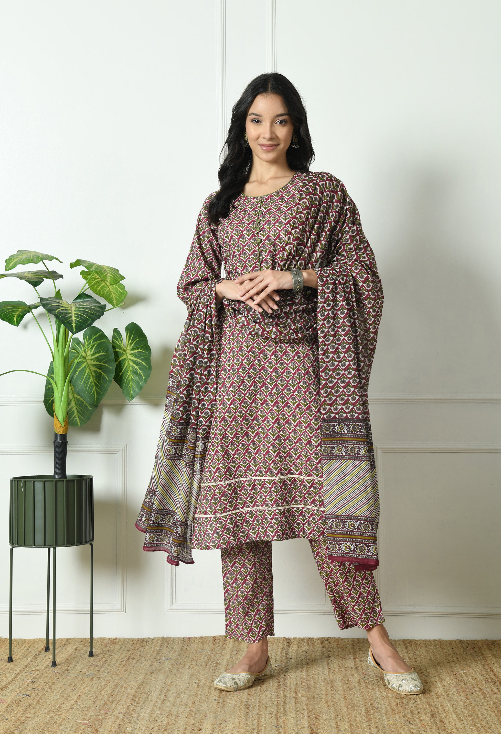 Pure Cotton Katha Kurta with Trouser and Dupatta