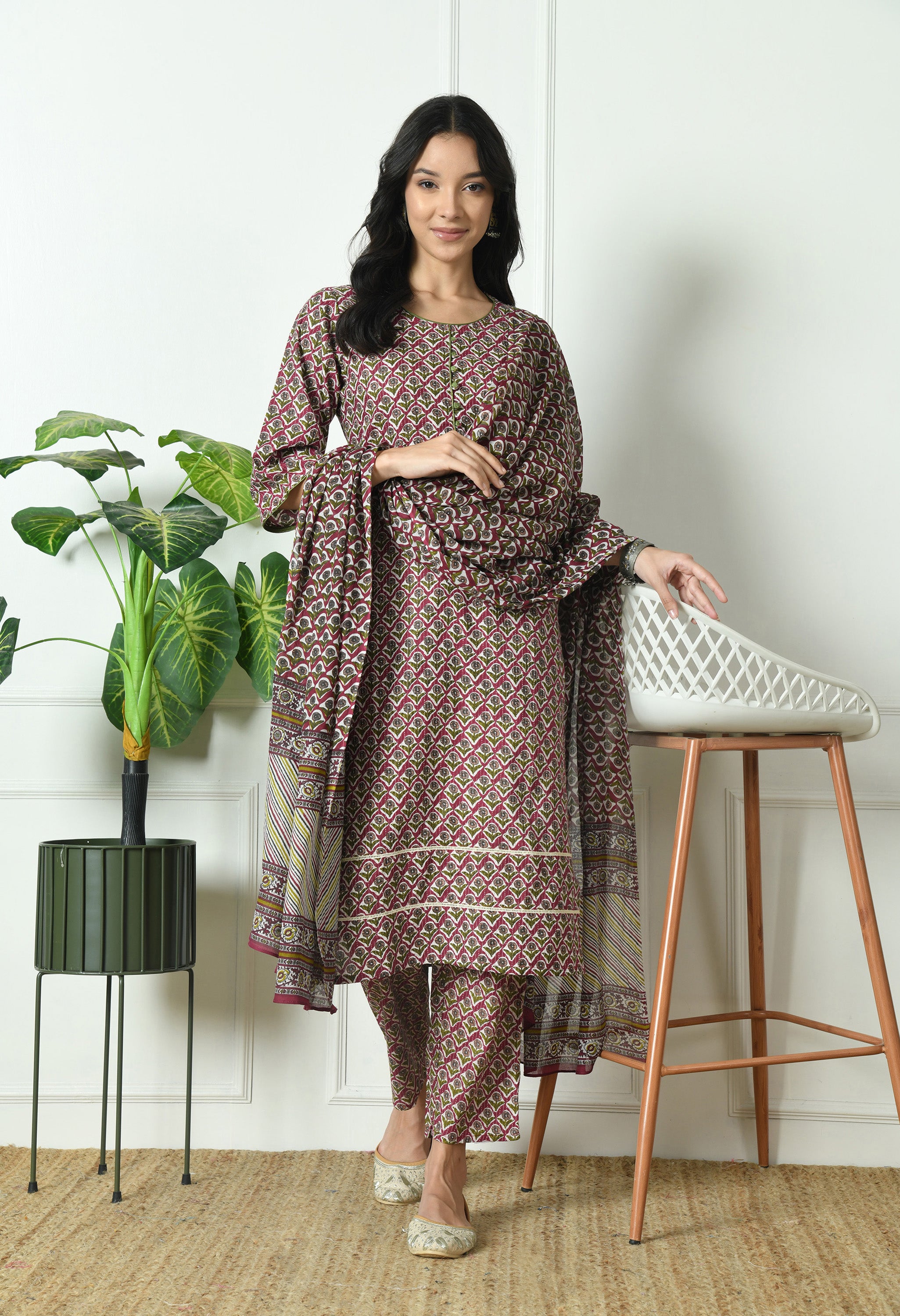 Pure Cotton Katha Kurta with Trouser and Dupatta