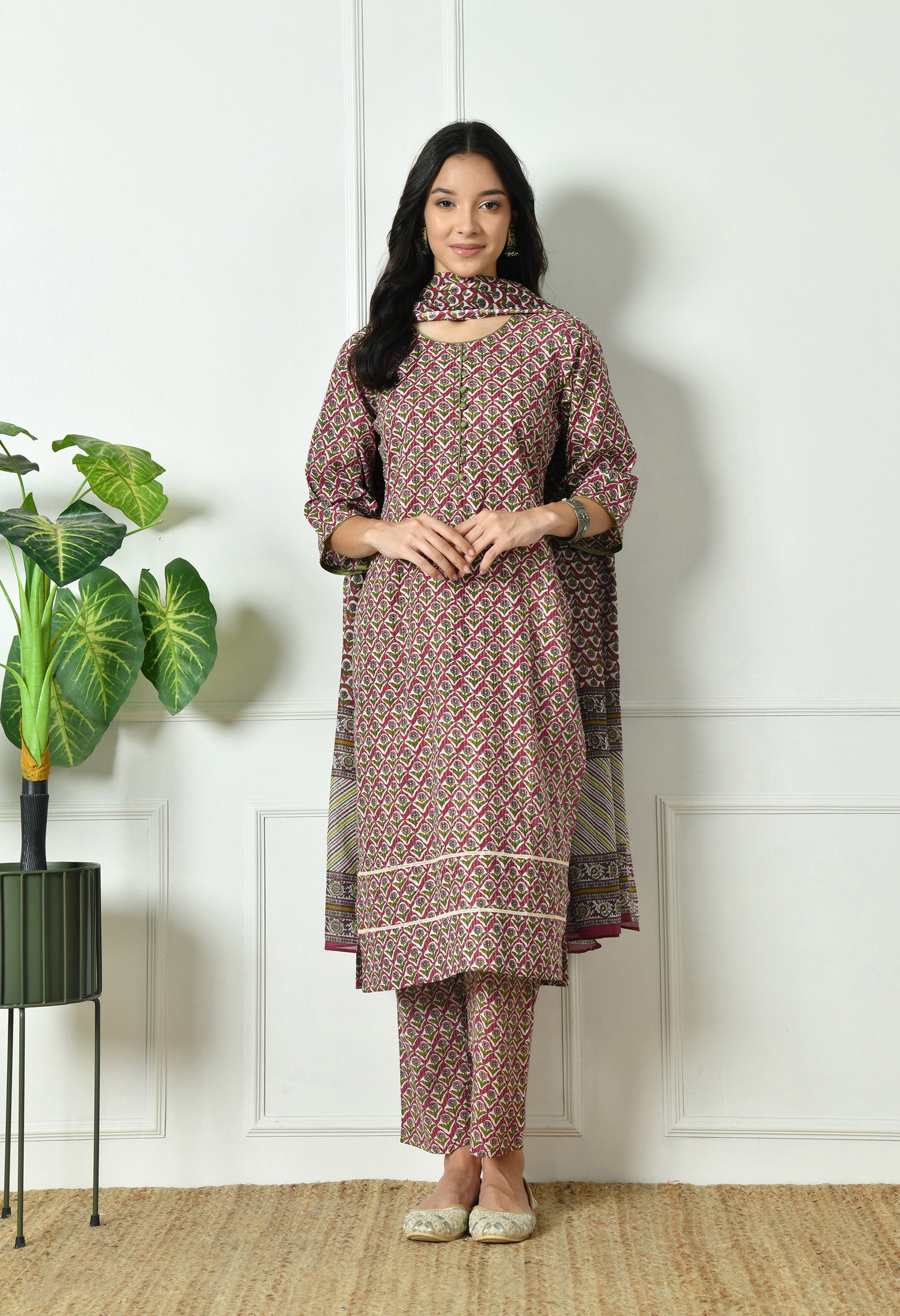 Pure Cotton Katha Kurta with Trouser and Dupatta