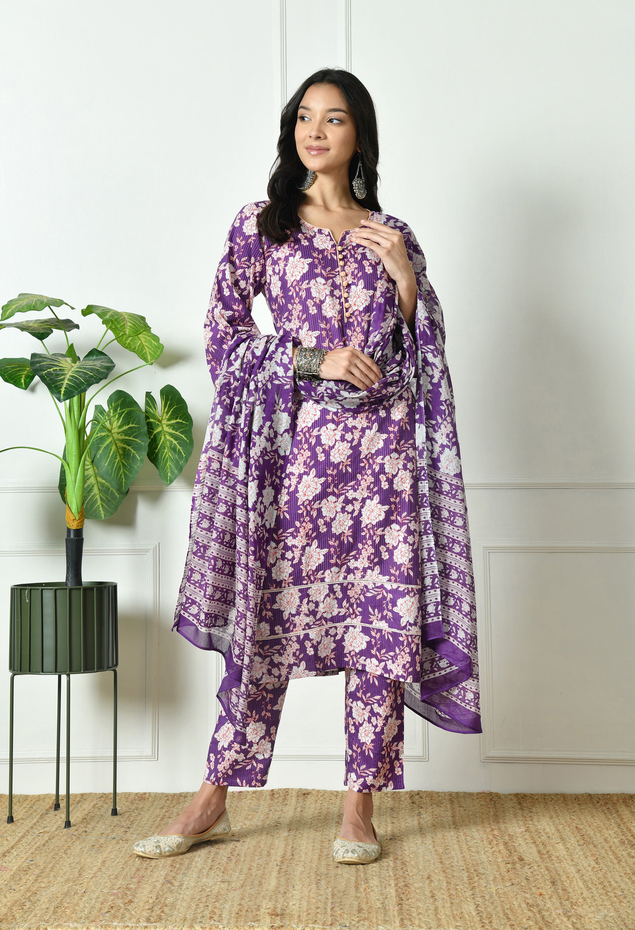 Pure Cotton Katha Kurta with Trouser and Dupatta