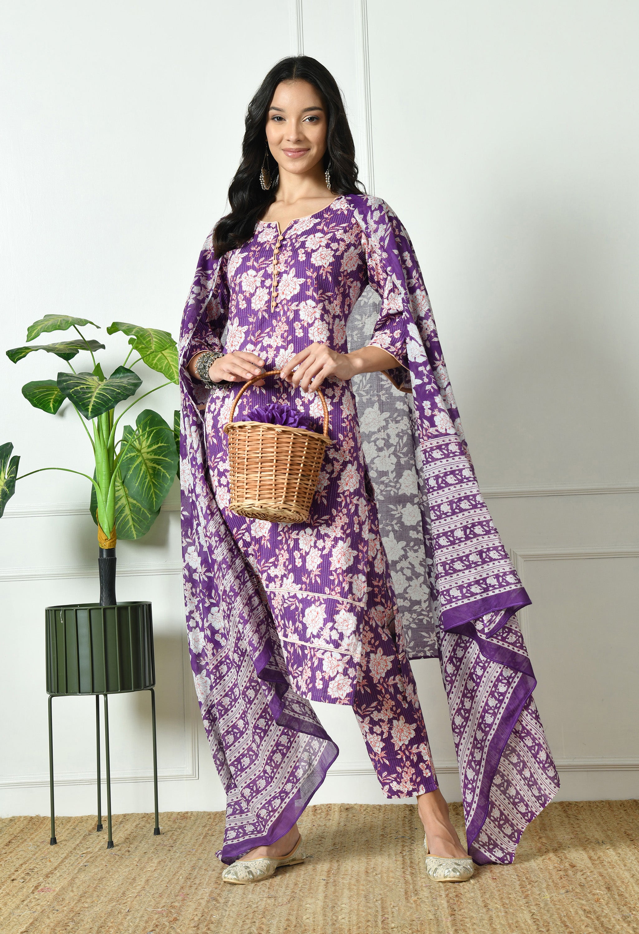 Pure Cotton Katha Kurta with Trouser and Dupatta