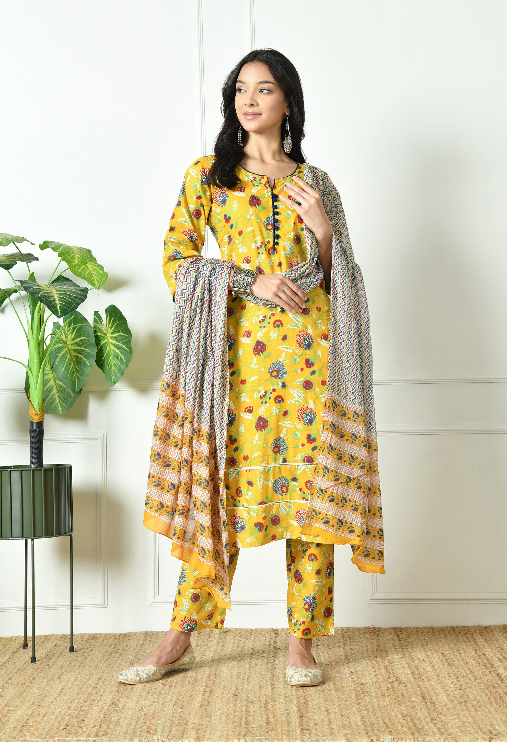 Pure Cotton yellow multifloral dupatta set