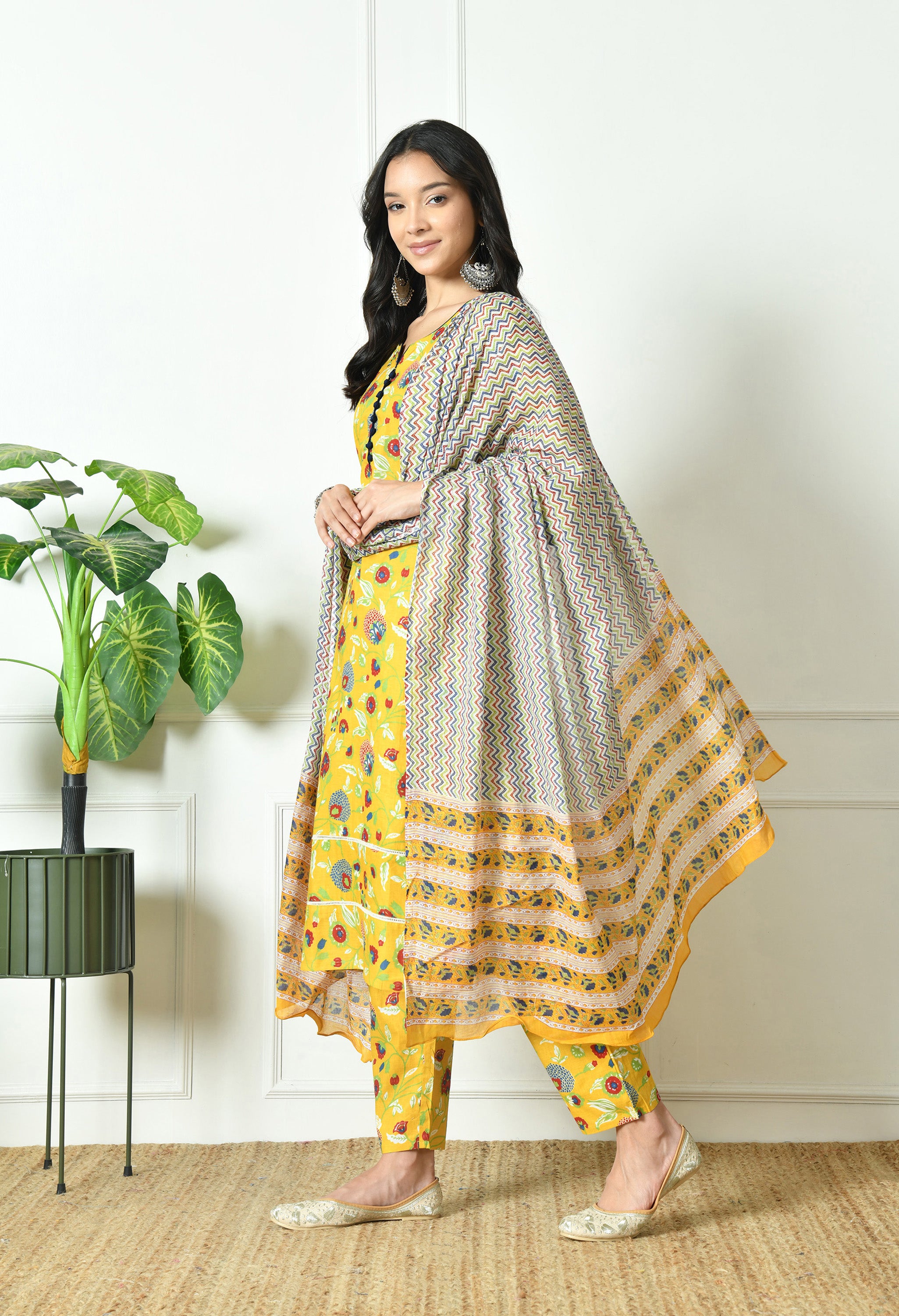 Pure Cotton yellow multifloral dupatta set