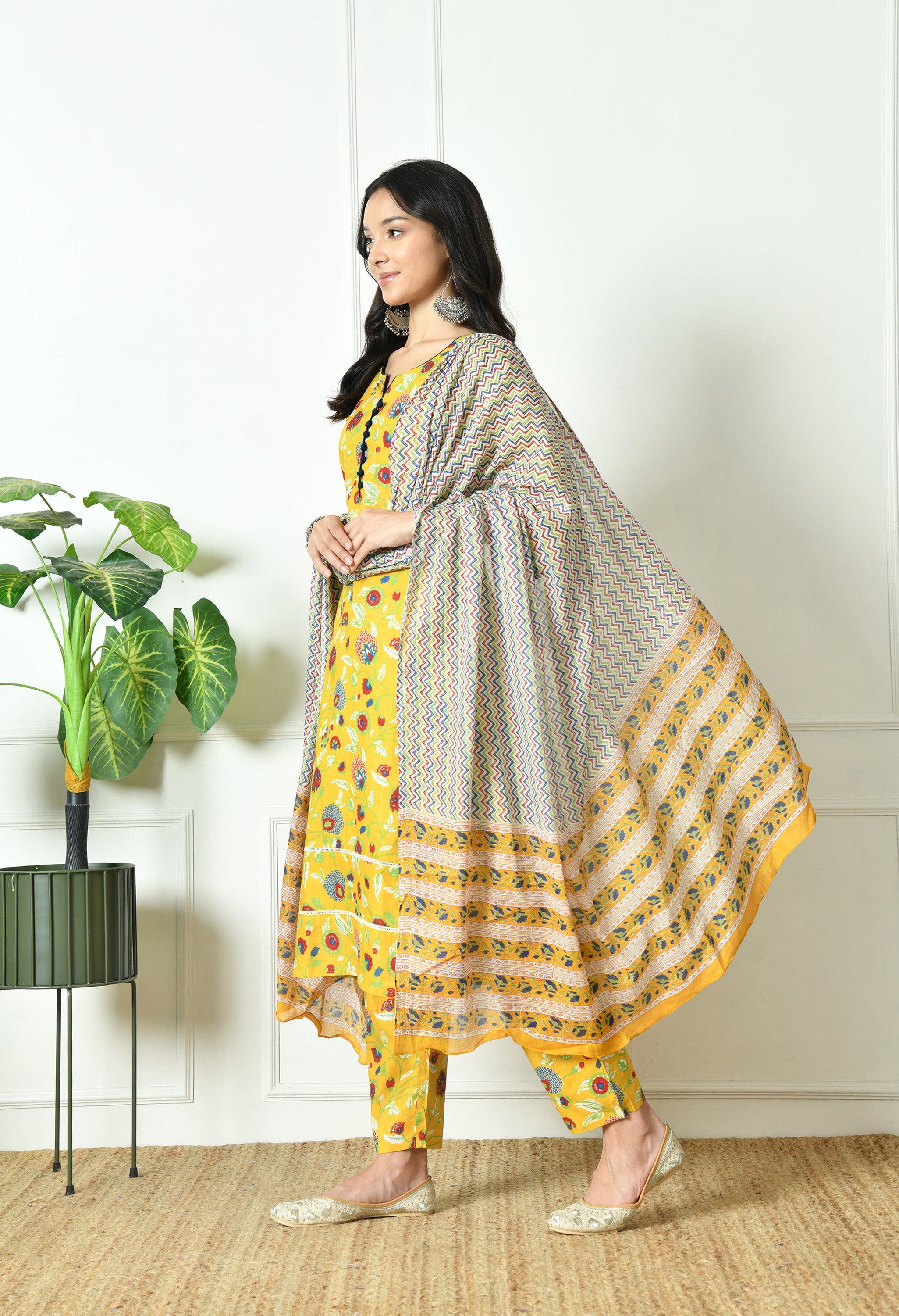 Pure Cotton yellow multifloral dupatta set