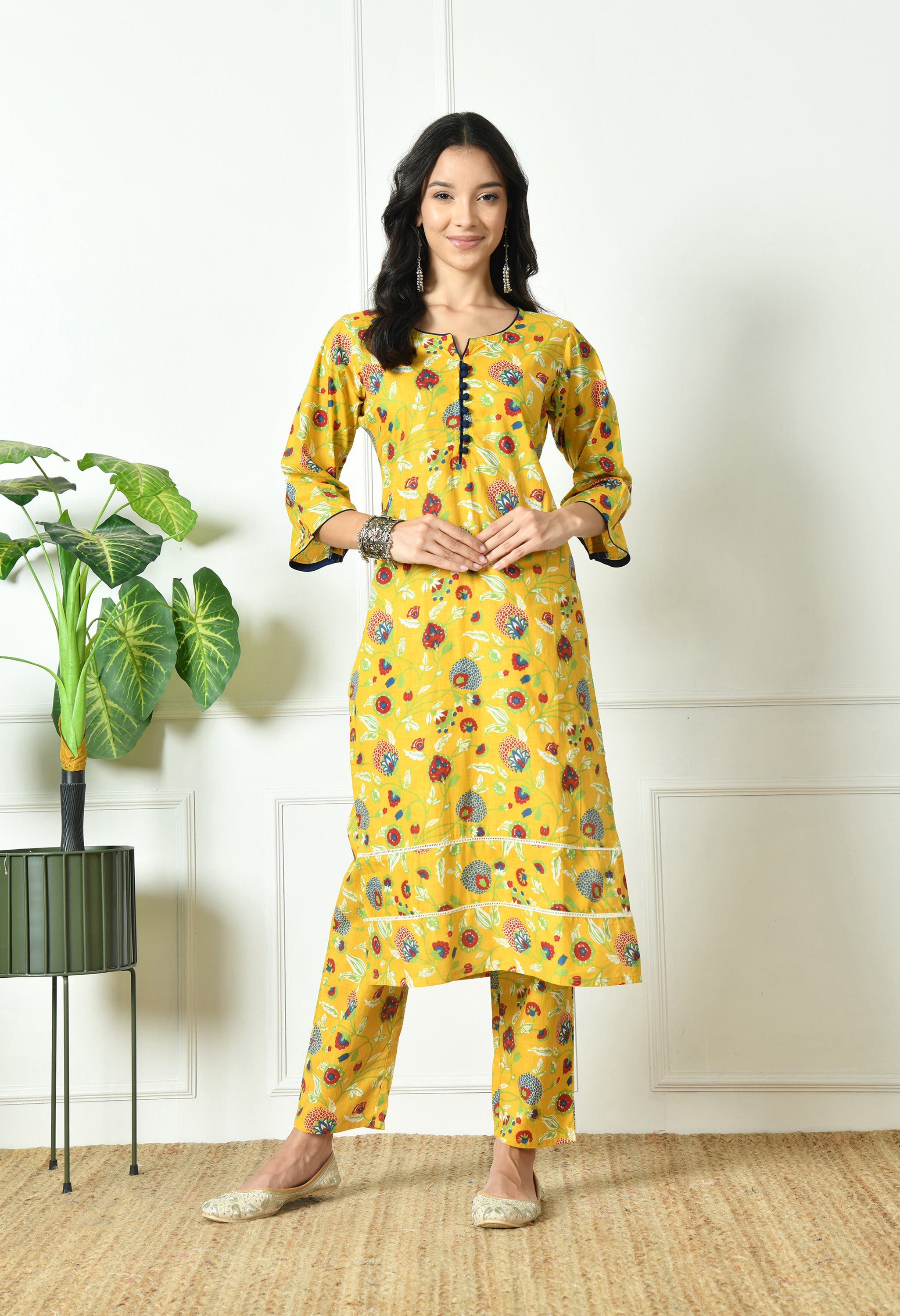 Pure Cotton yellow multifloral dupatta set