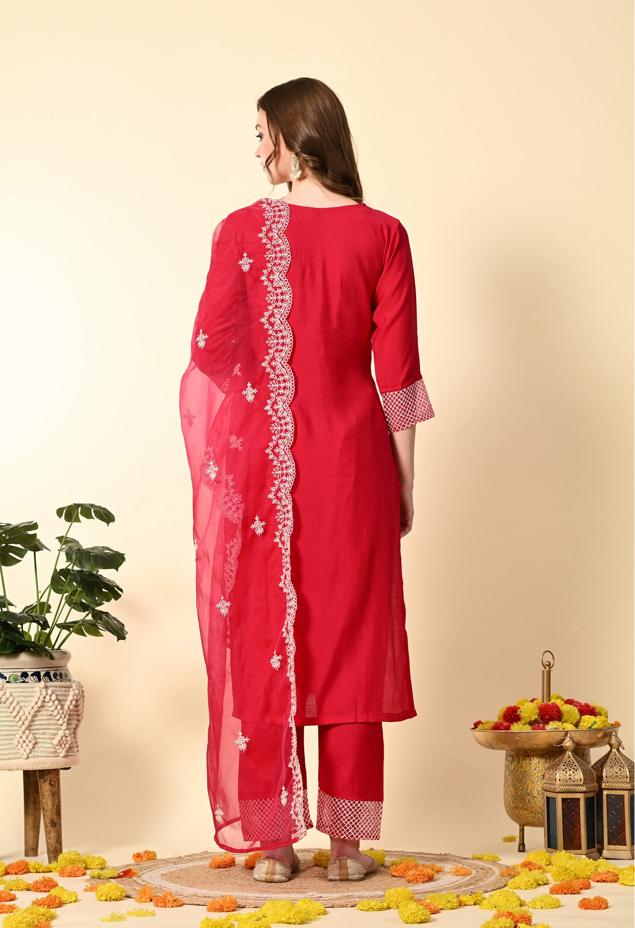 Hot Pink Thread Work Hand Embroidery Suit Set