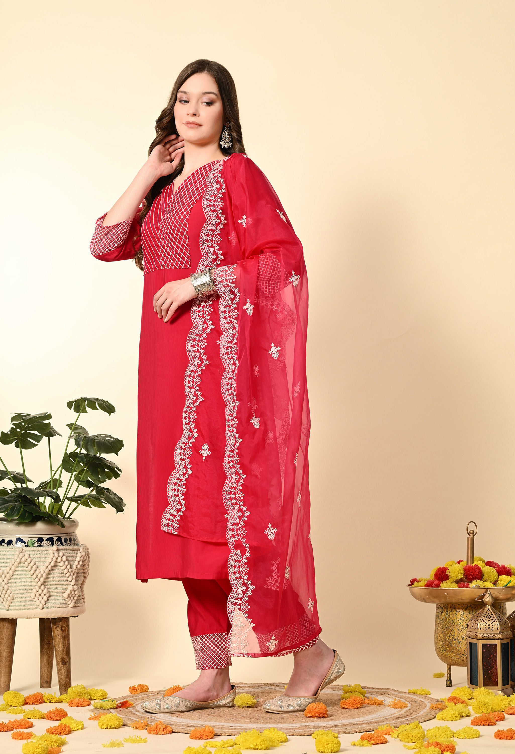 Hot Pink Thread Work Hand Embroidery Suit Set