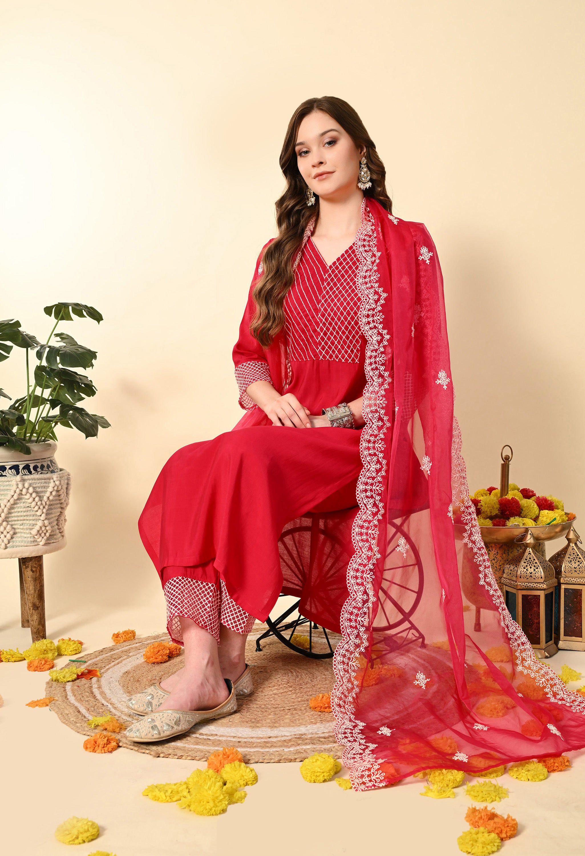 Hot Pink Thread Work Hand Embroidery Suit Set