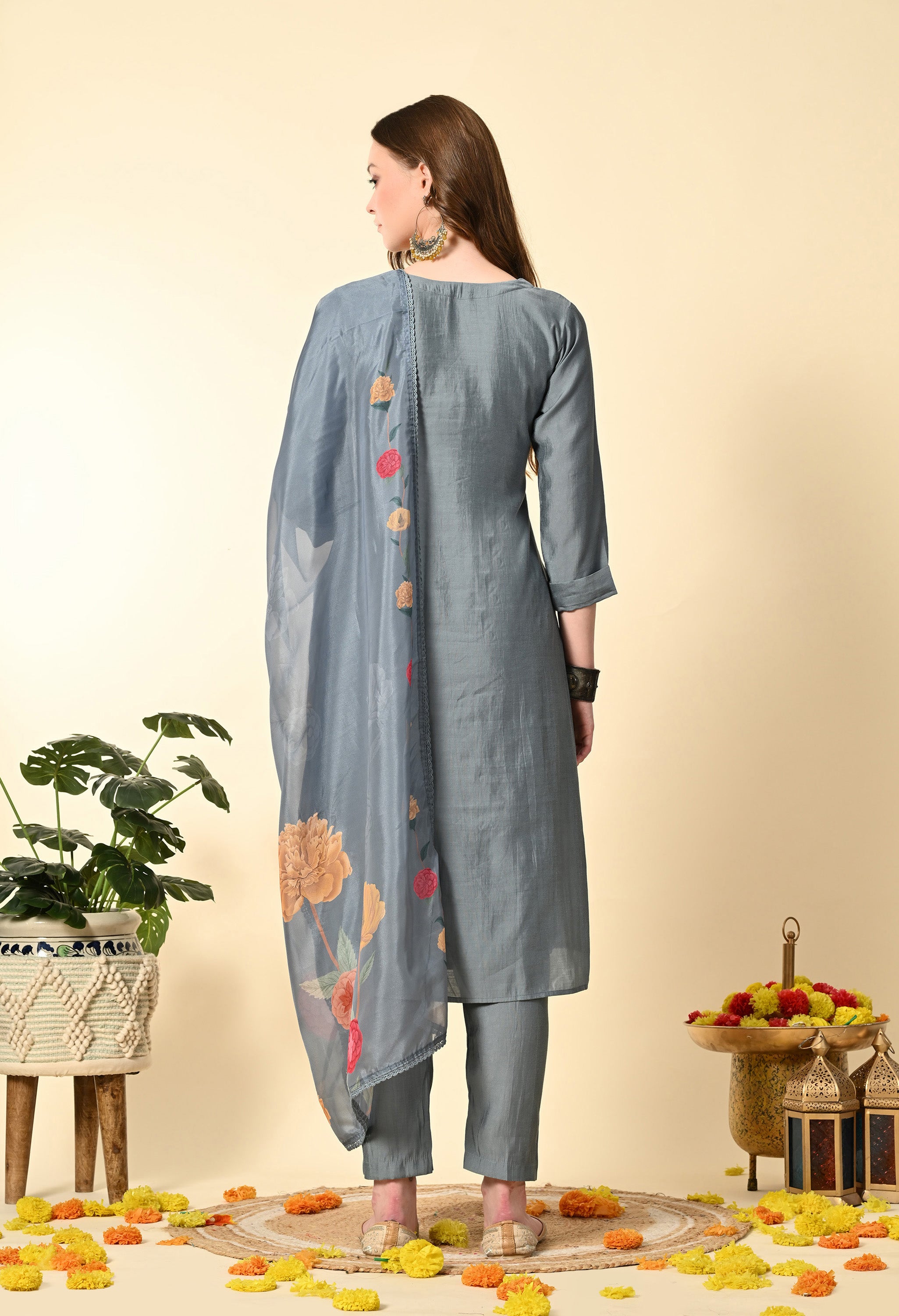 Grey Knot Work Hand Embroidery Suit Set