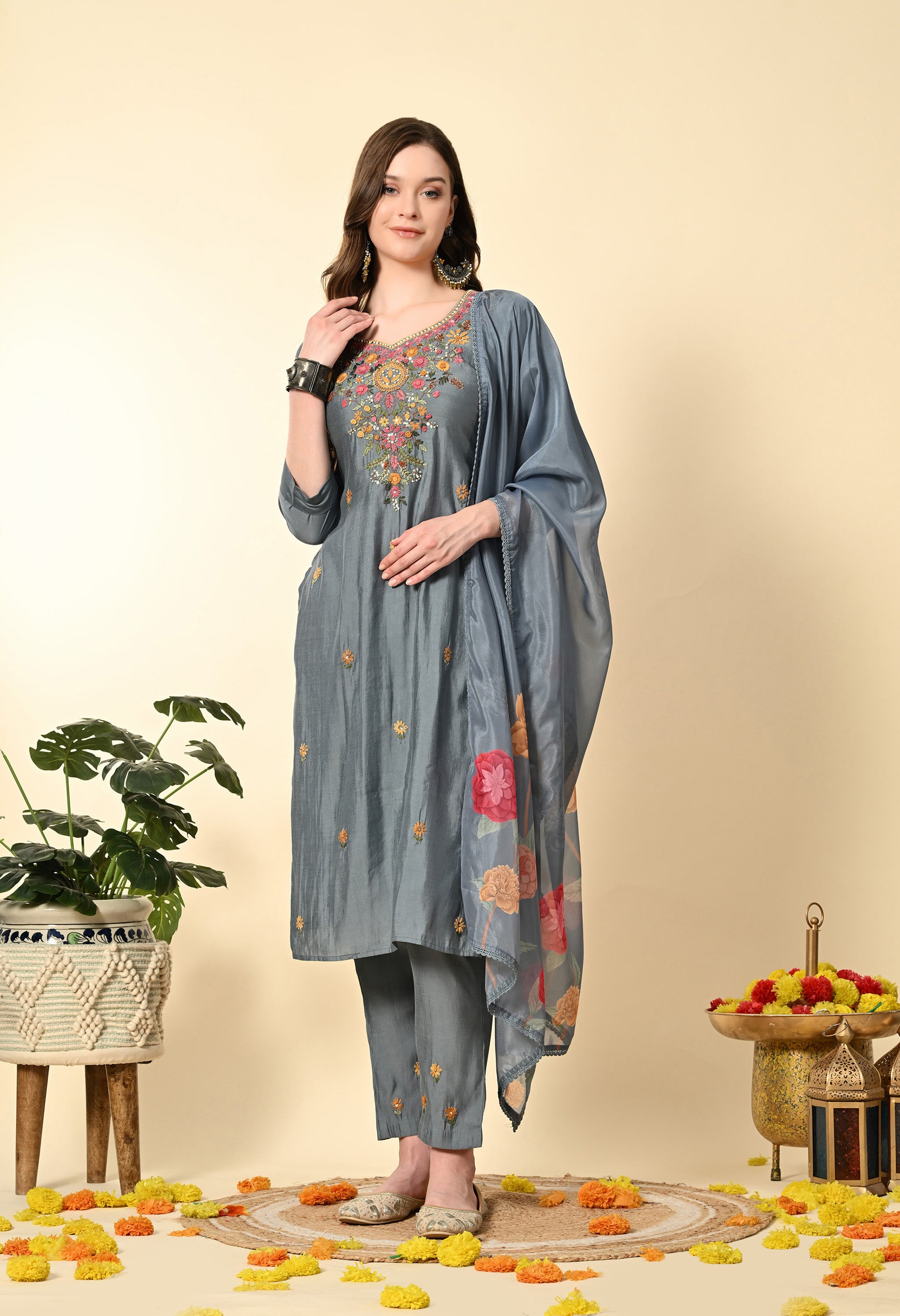 Grey Knot Work Hand Embroidery Suit Set