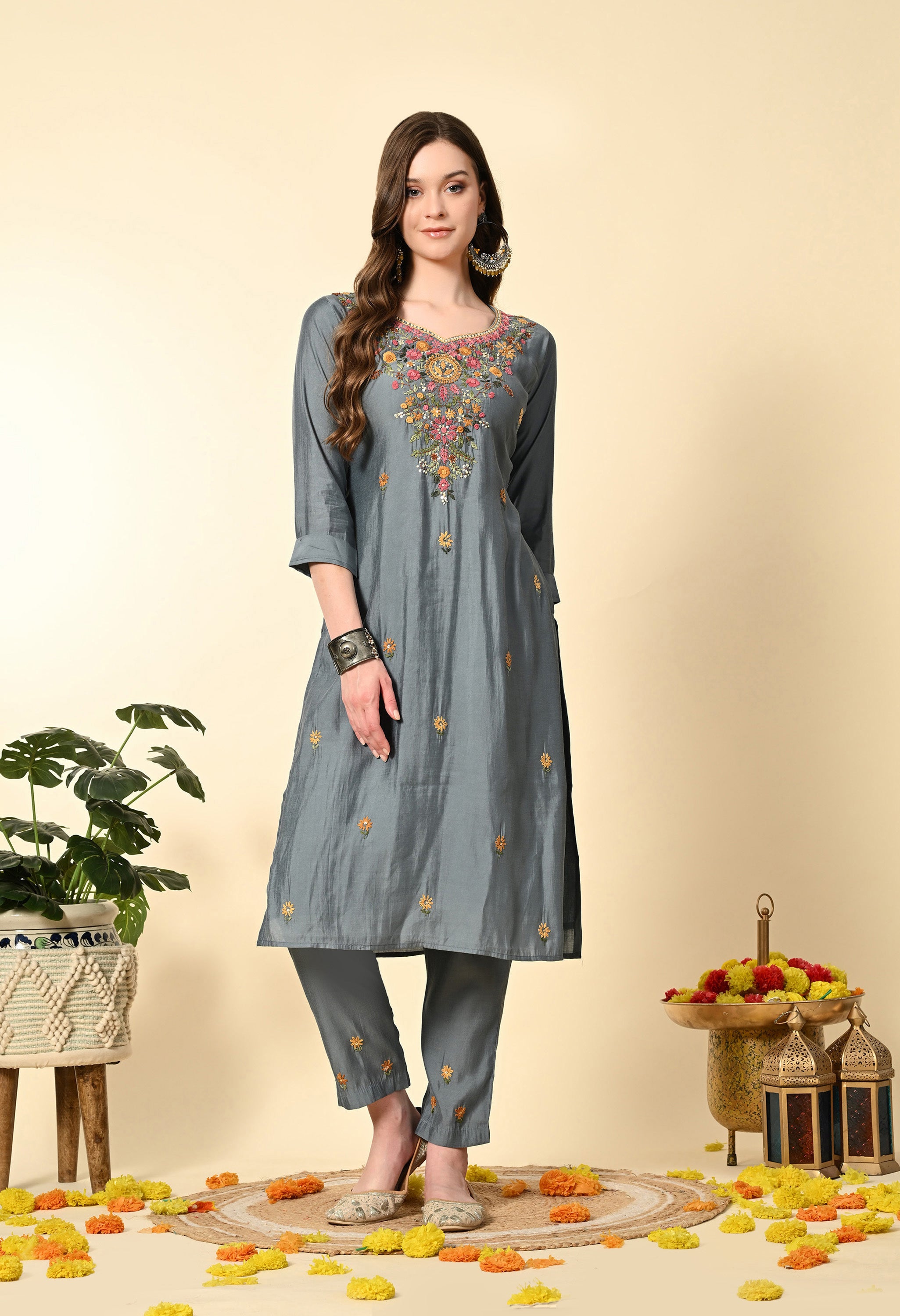 Grey Knot Work Hand Embroidery Suit Set