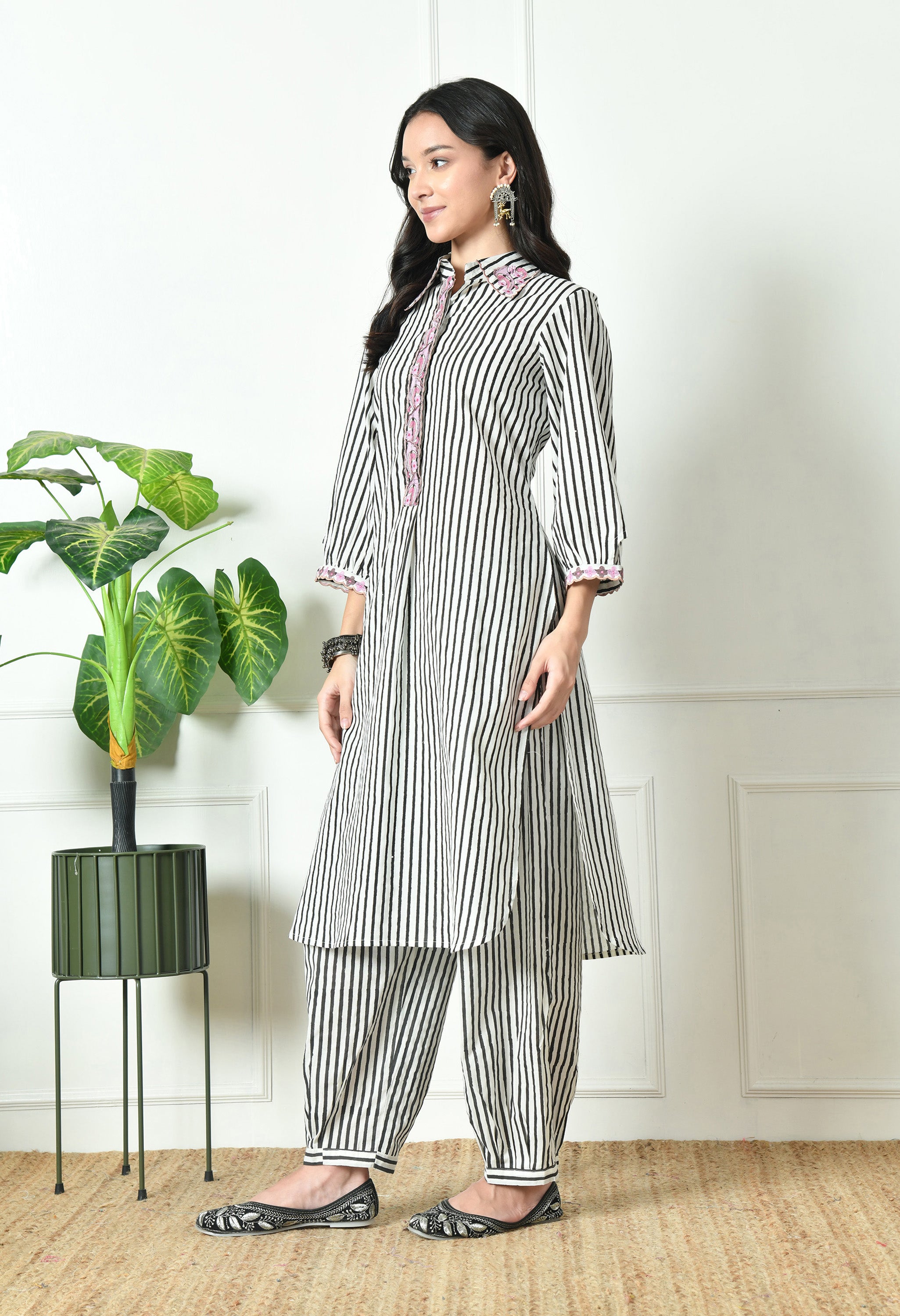 Black stripes collared embroidered co-ord set