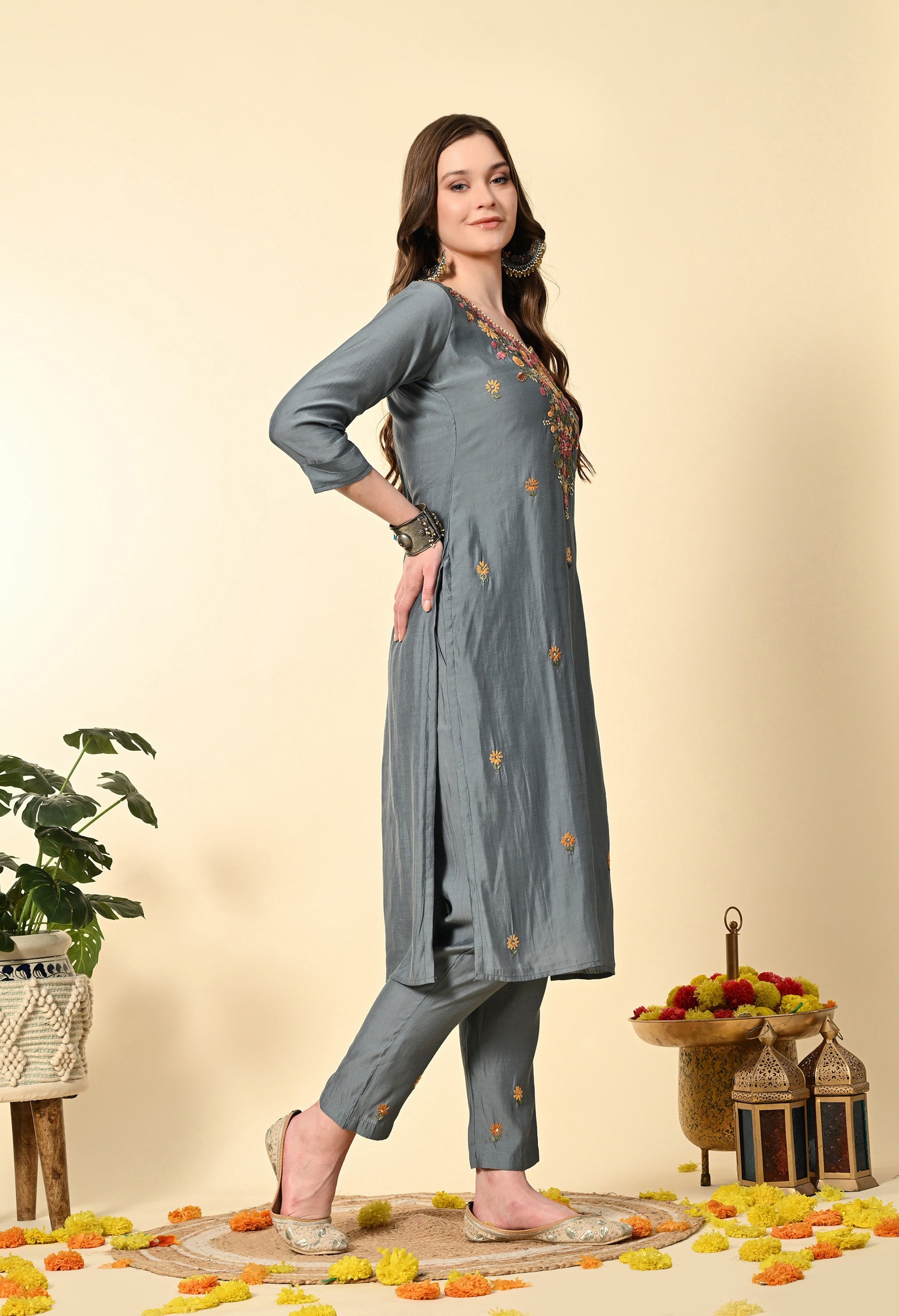 Grey Knot Work Hand Embroidery Suit Set