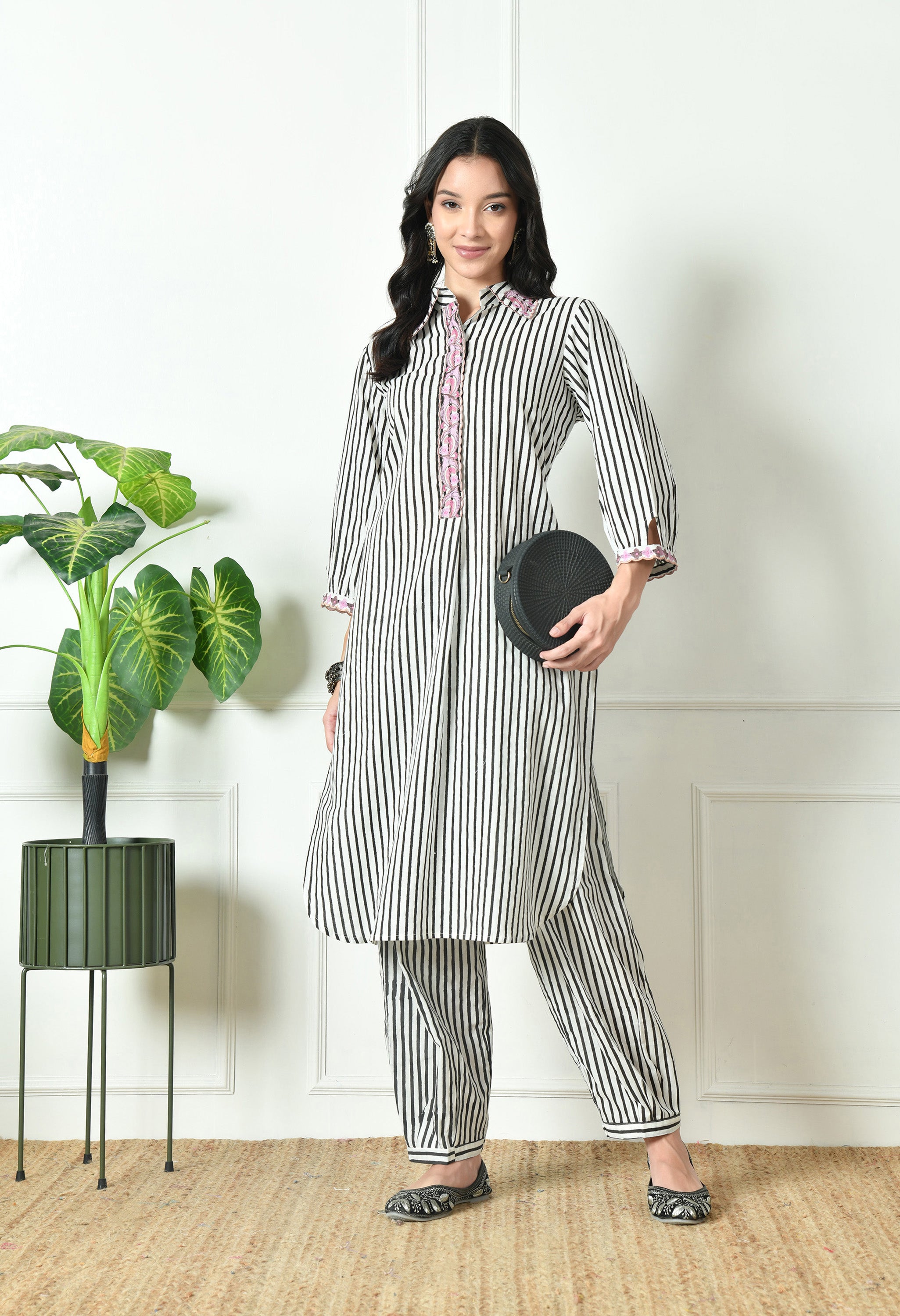 Black stripes collared embroidered co-ord set