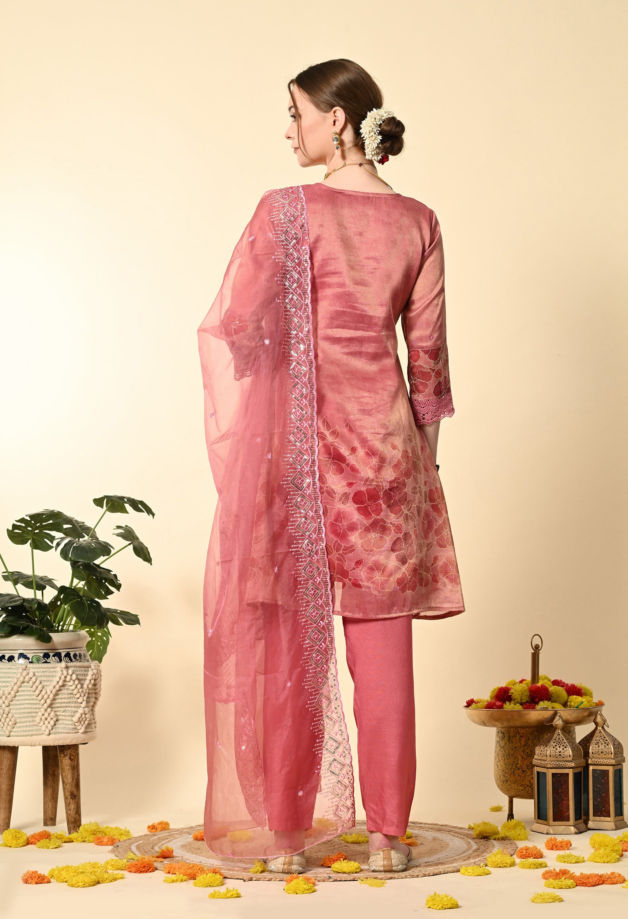 Pink Gold Tissue Embroidery Suit Set