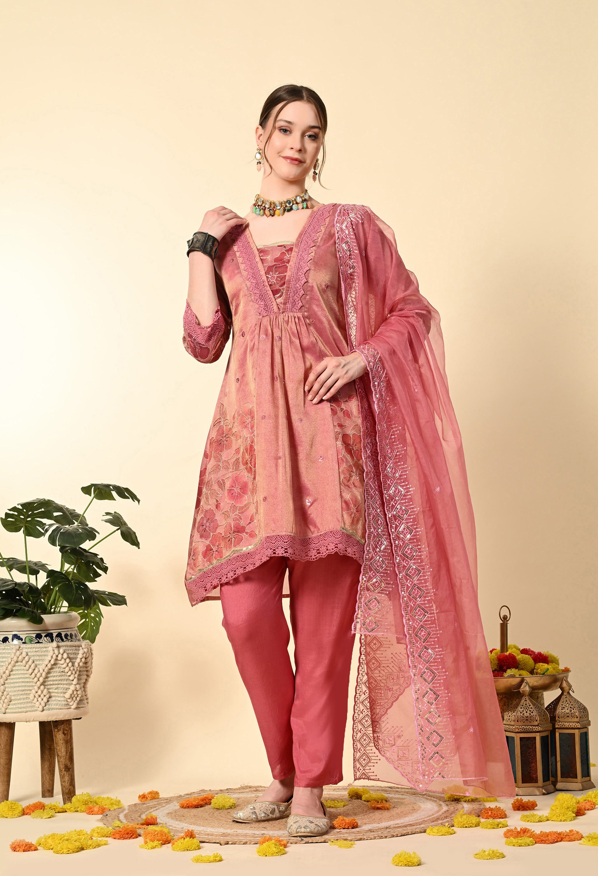 Pink Gold Tissue Embroidery Suit Set