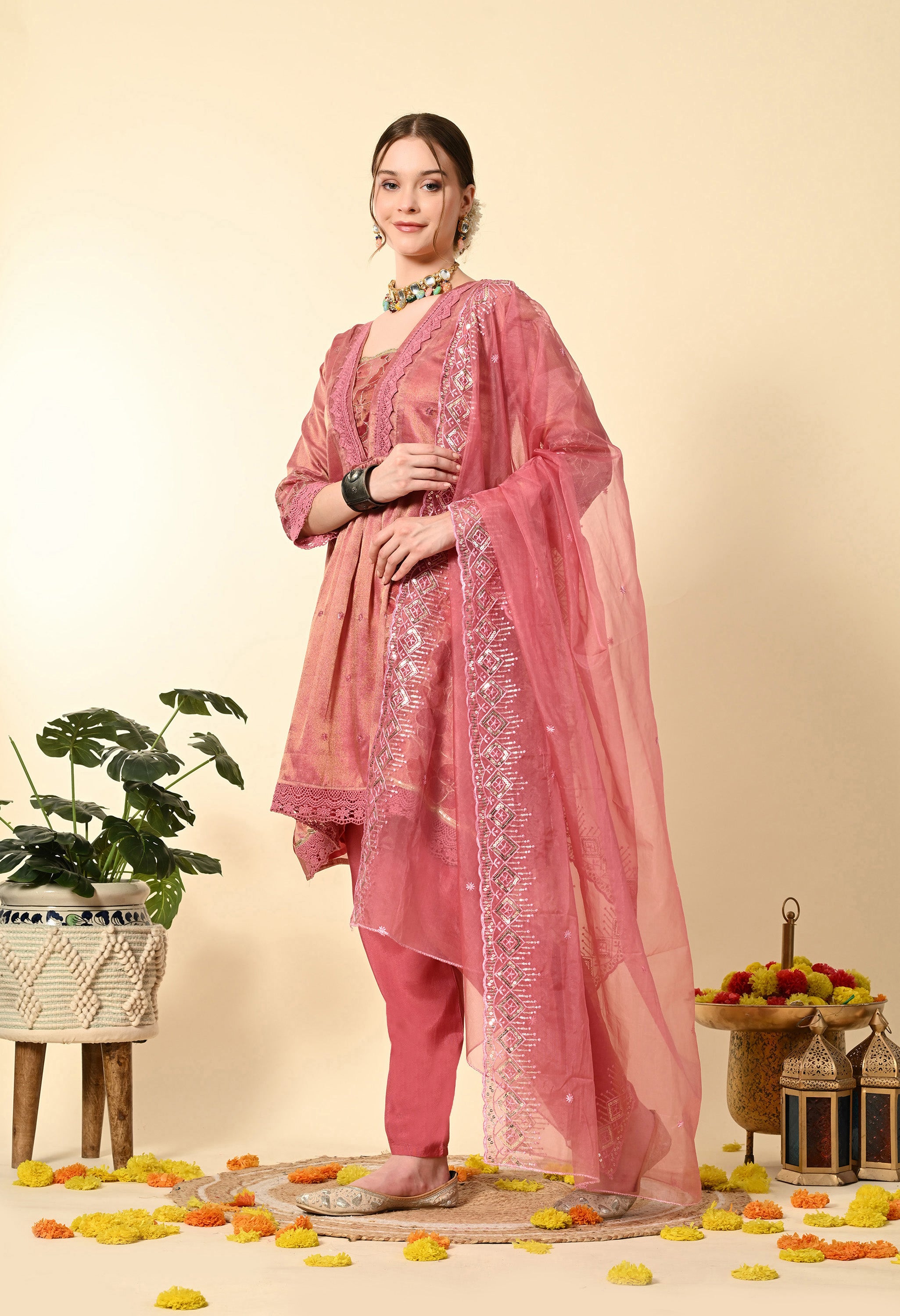 Pink Gold Tissue Embroidery Suit Set