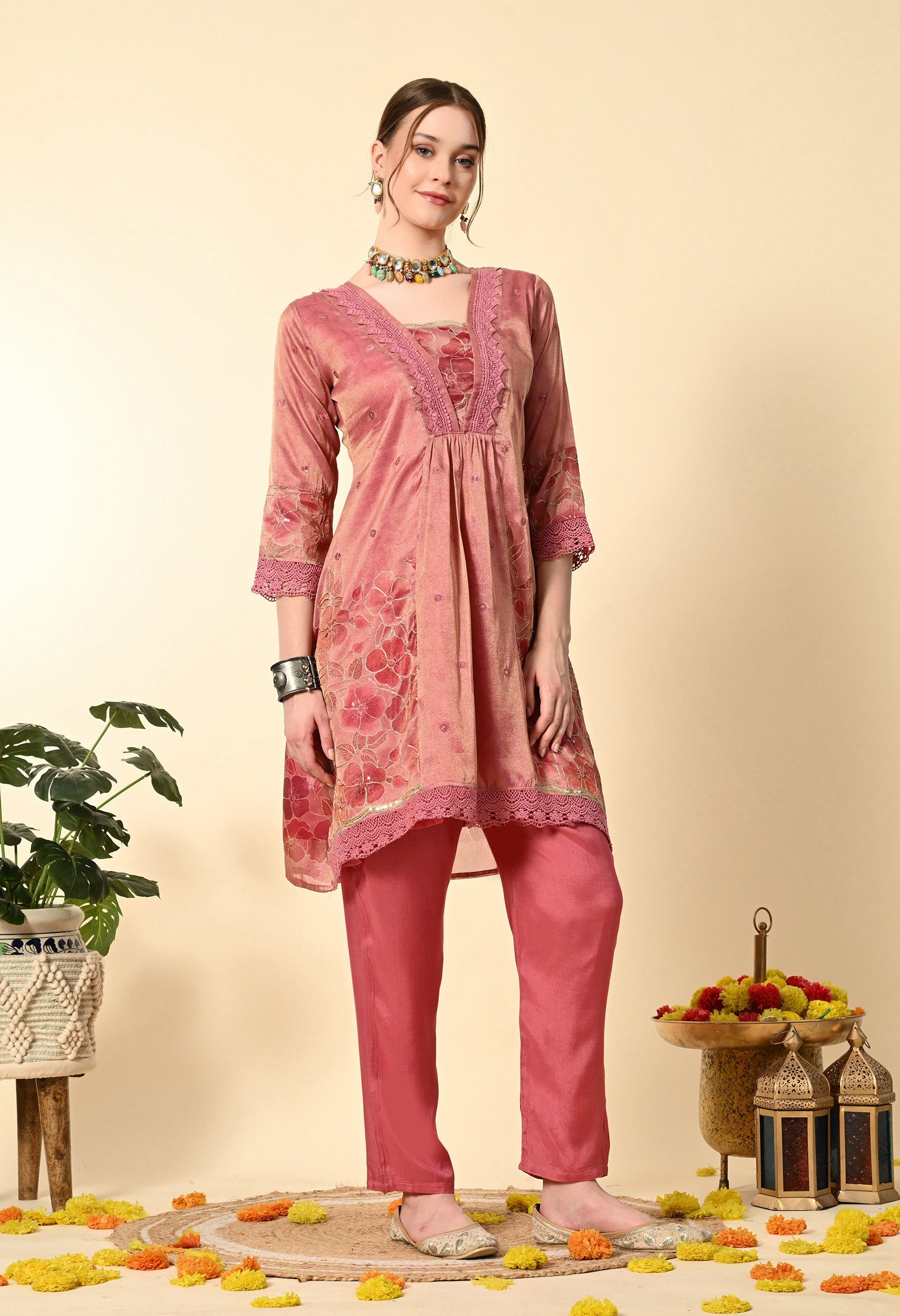 Pink Gold Tissue Embroidery Suit Set