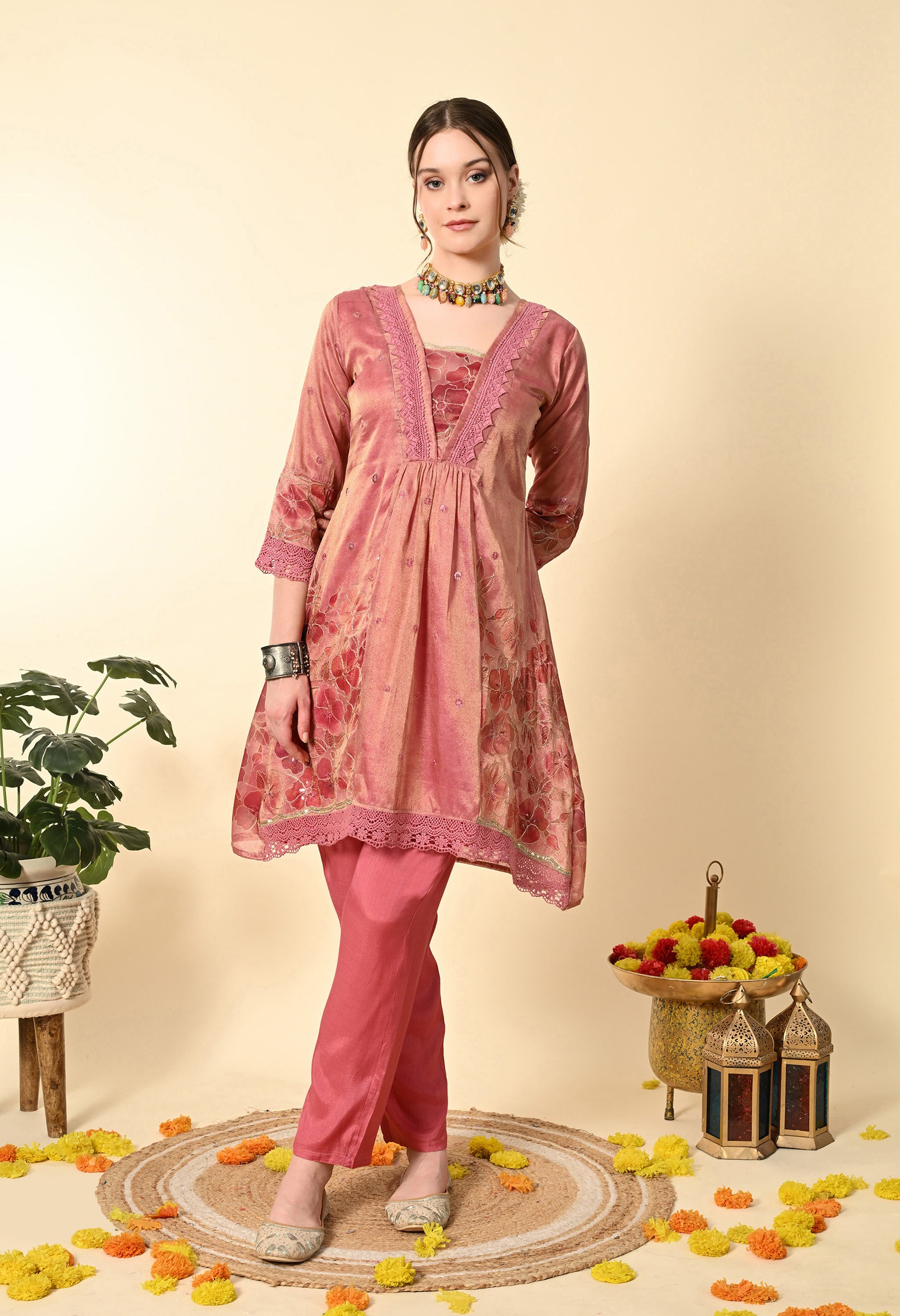 Pink Gold Tissue Embroidery Suit Set