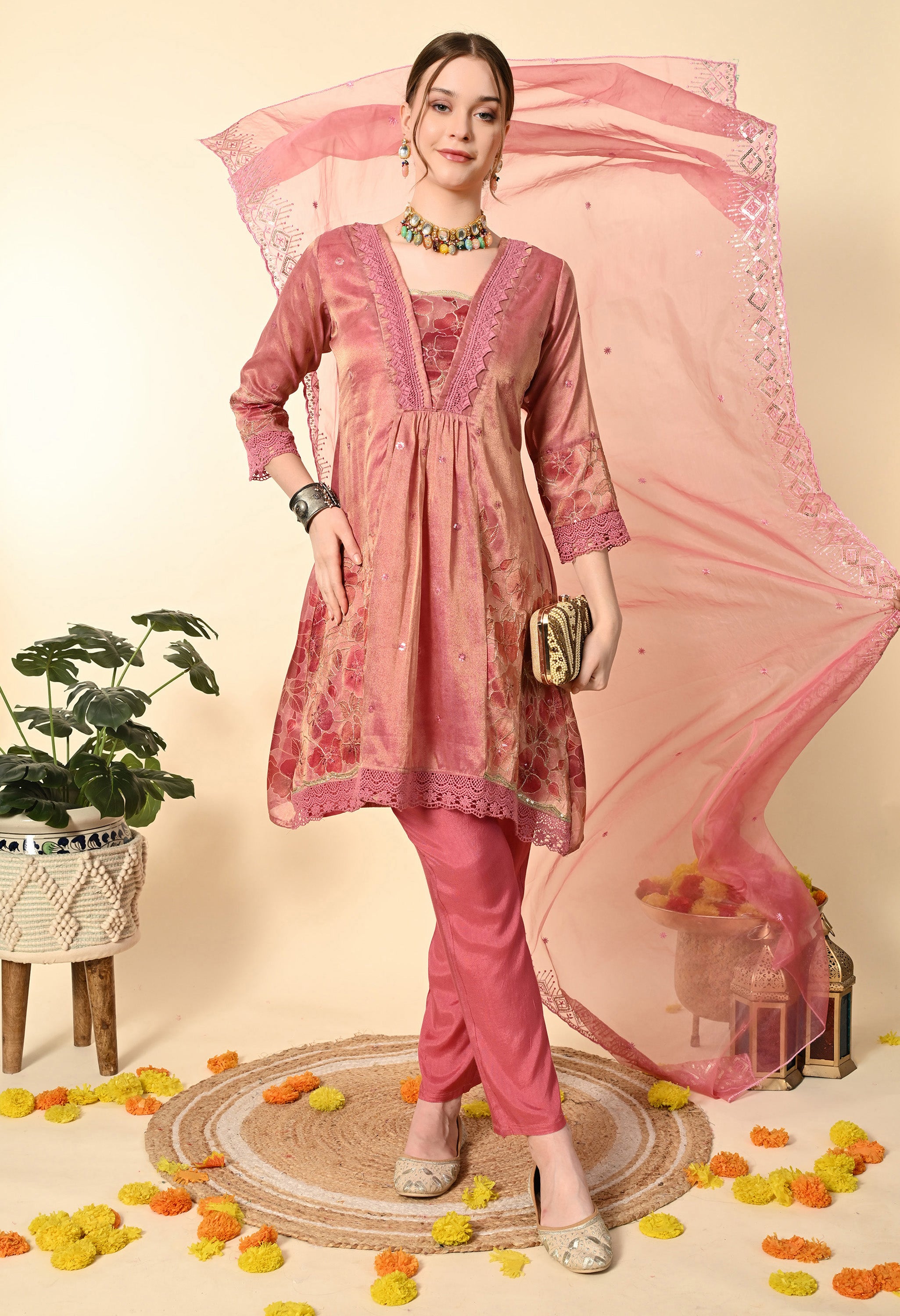 Pink Gold Tissue Embroidery Suit Set