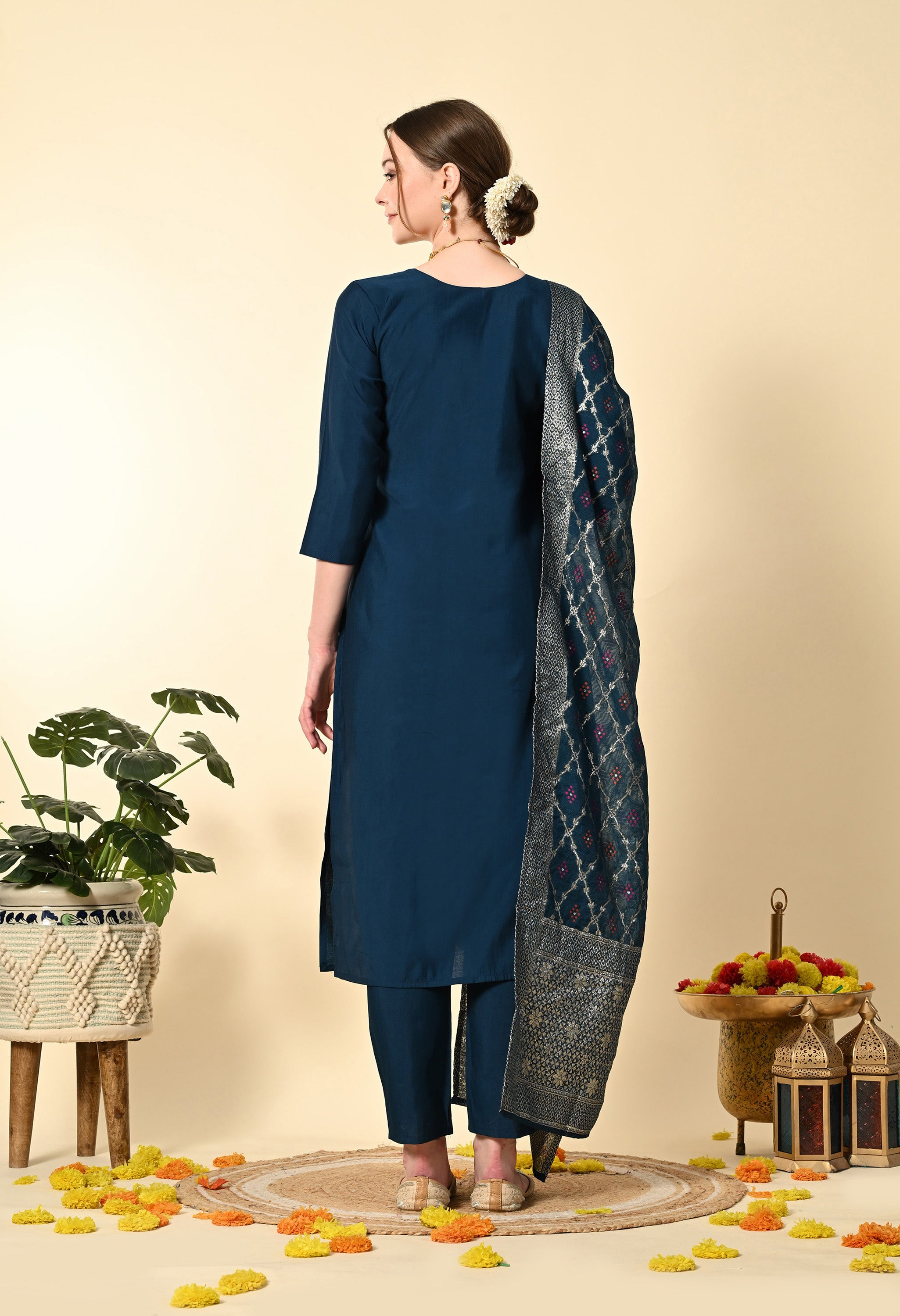 Petrol Blue Hand Embroidered Silk Suit Set - Set of 3