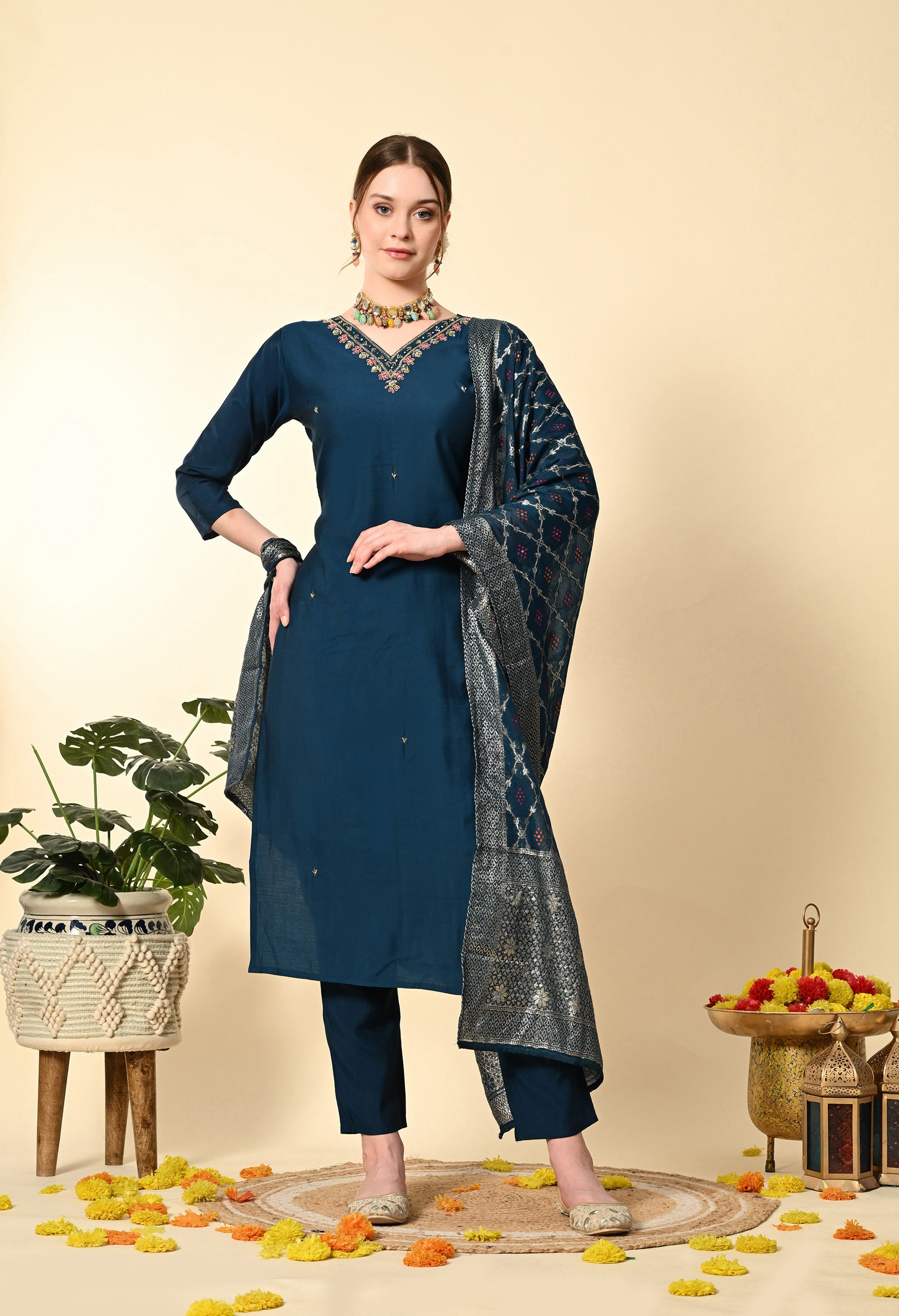 Petrol Blue Hand Embroidered Silk Suit Set - Set of 3