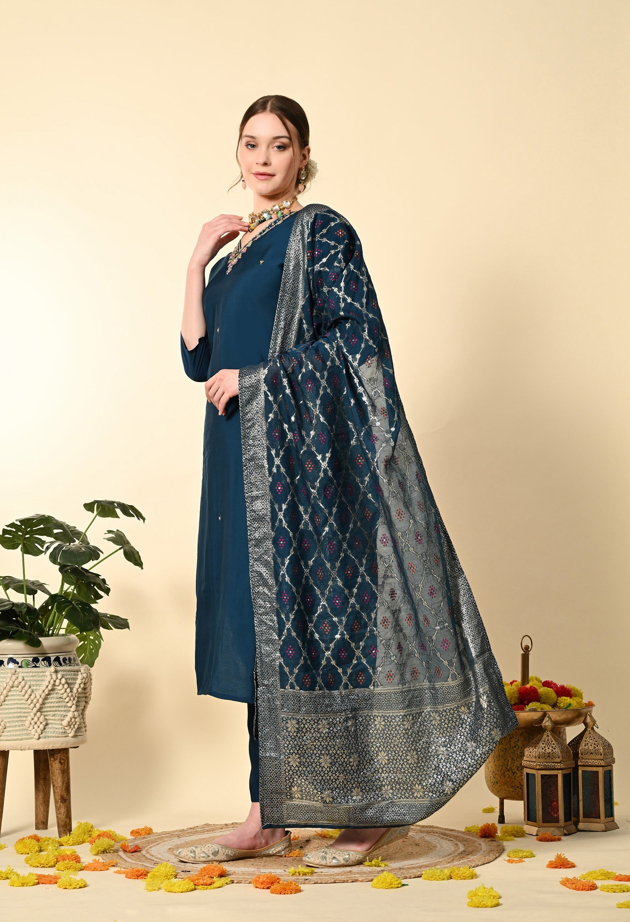 Petrol Blue Hand Embroidered Silk Suit Set - Set of 3