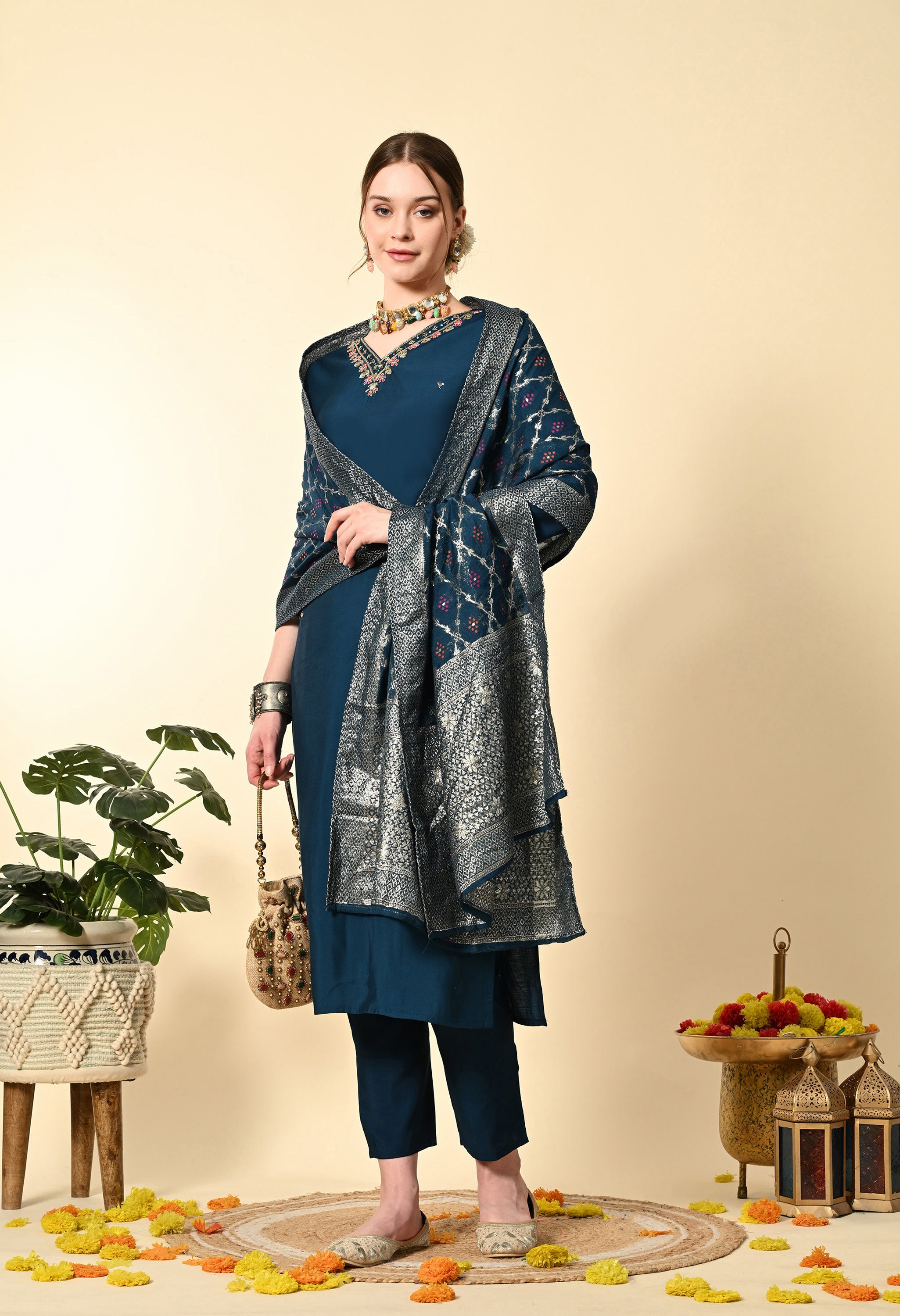 Petrol Blue Hand Embroidered Silk Suit Set - Set of 3