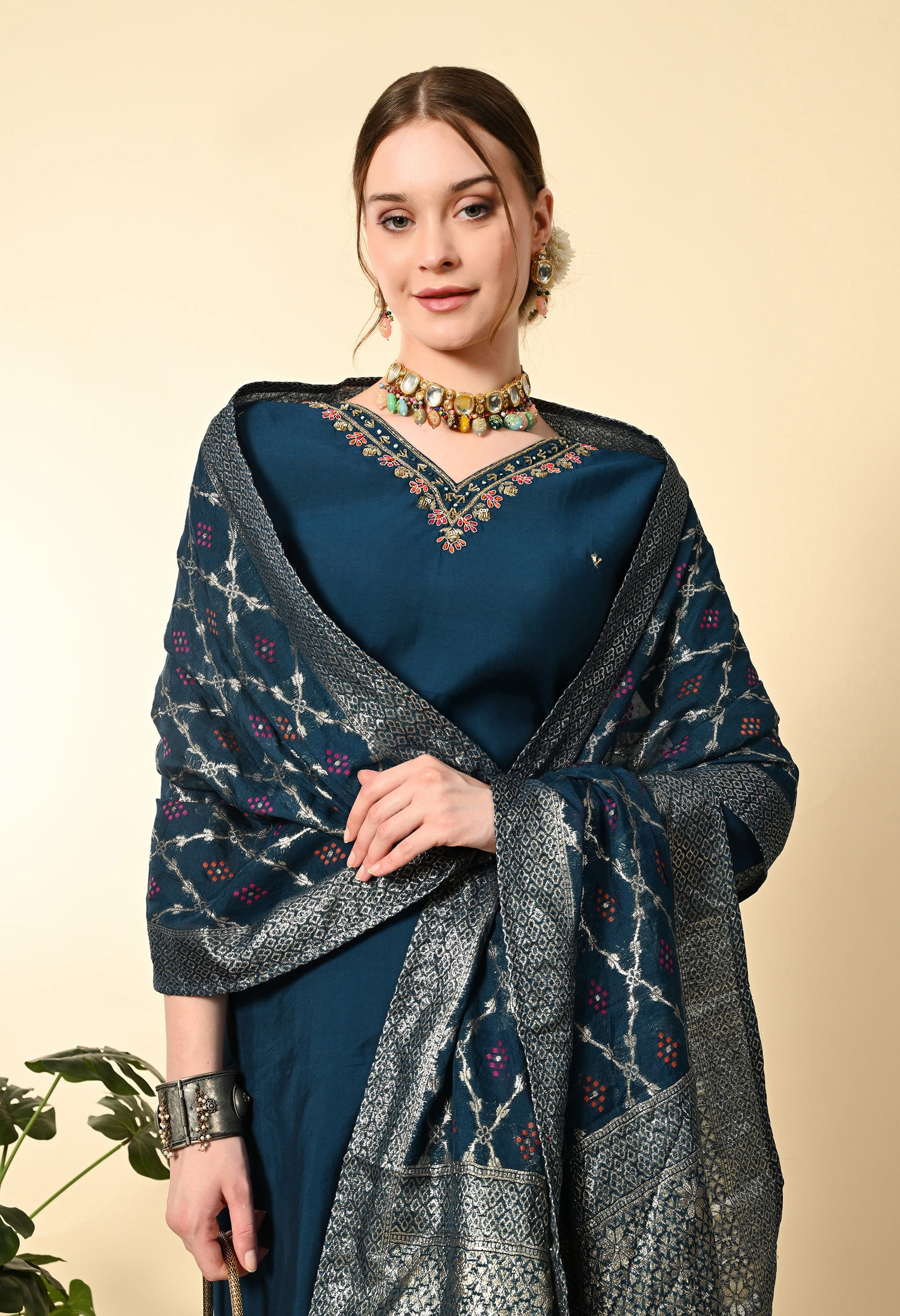 Petrol Blue Hand Embroidered Silk Suit Set - Set of 3