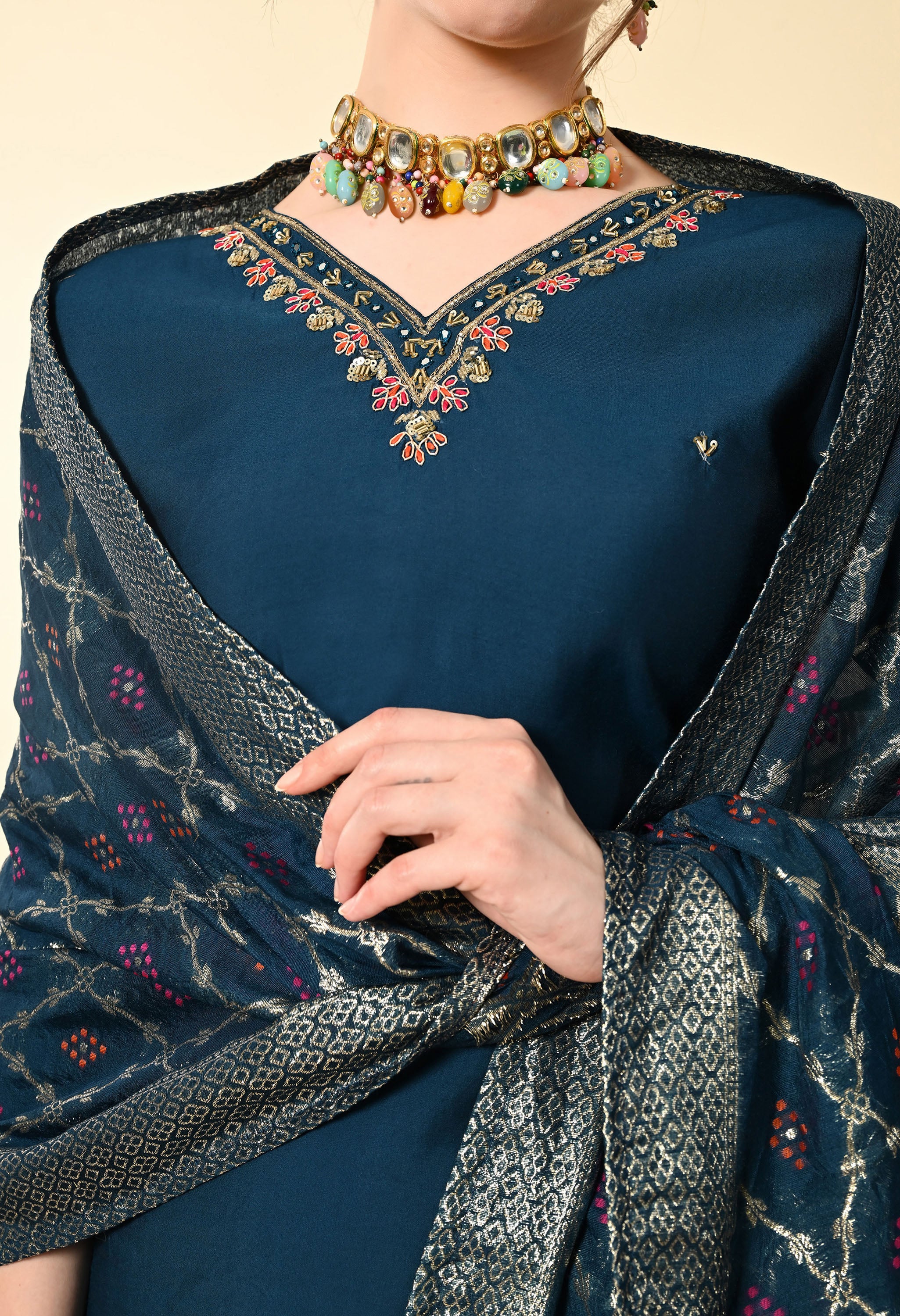 Petrol Blue Hand Embroidered Silk Suit Set - Set of 3