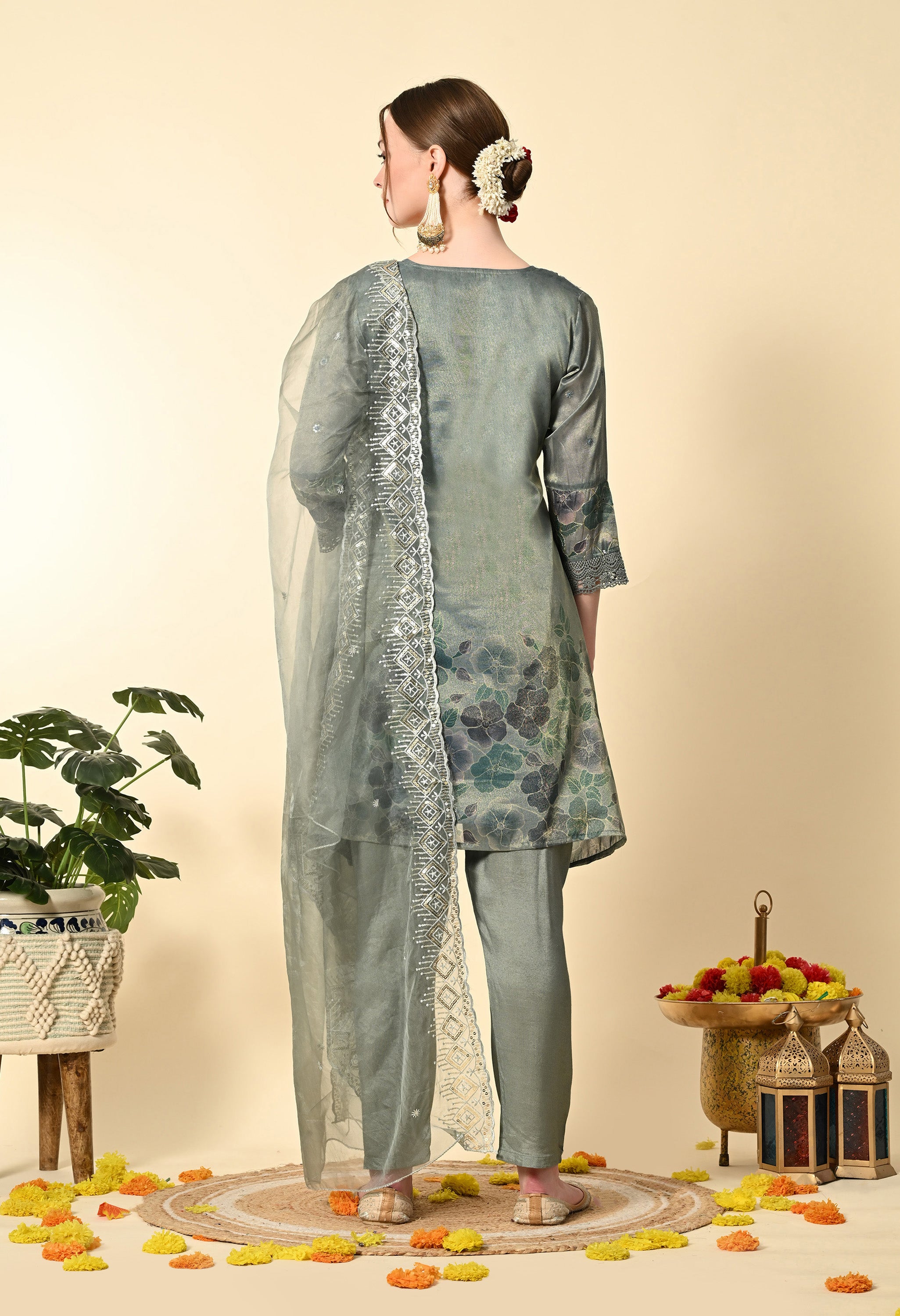 Greenish Blue Tissue Embroidery Suit Set