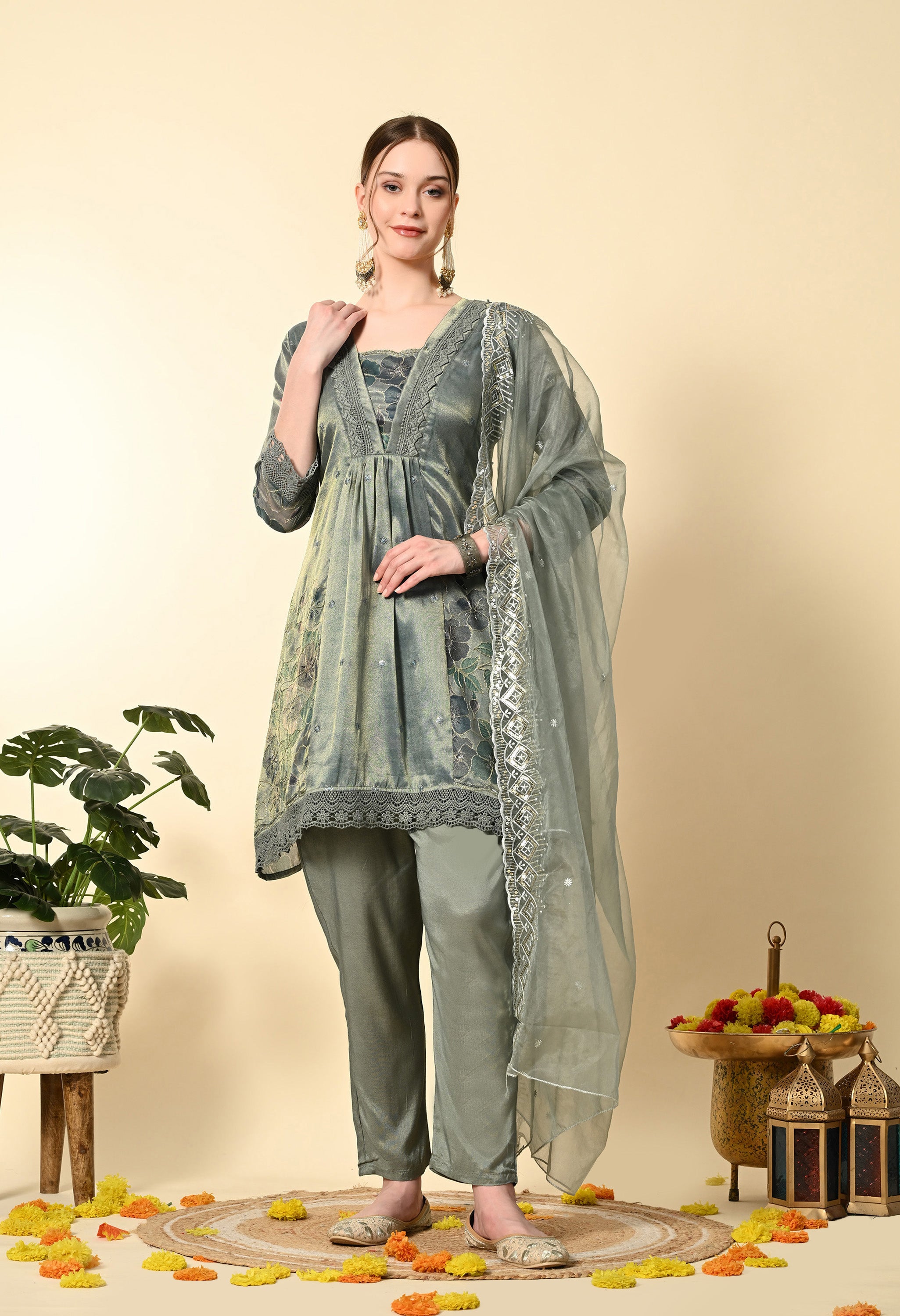 Greenish Blue Tissue Embroidery Suit Set