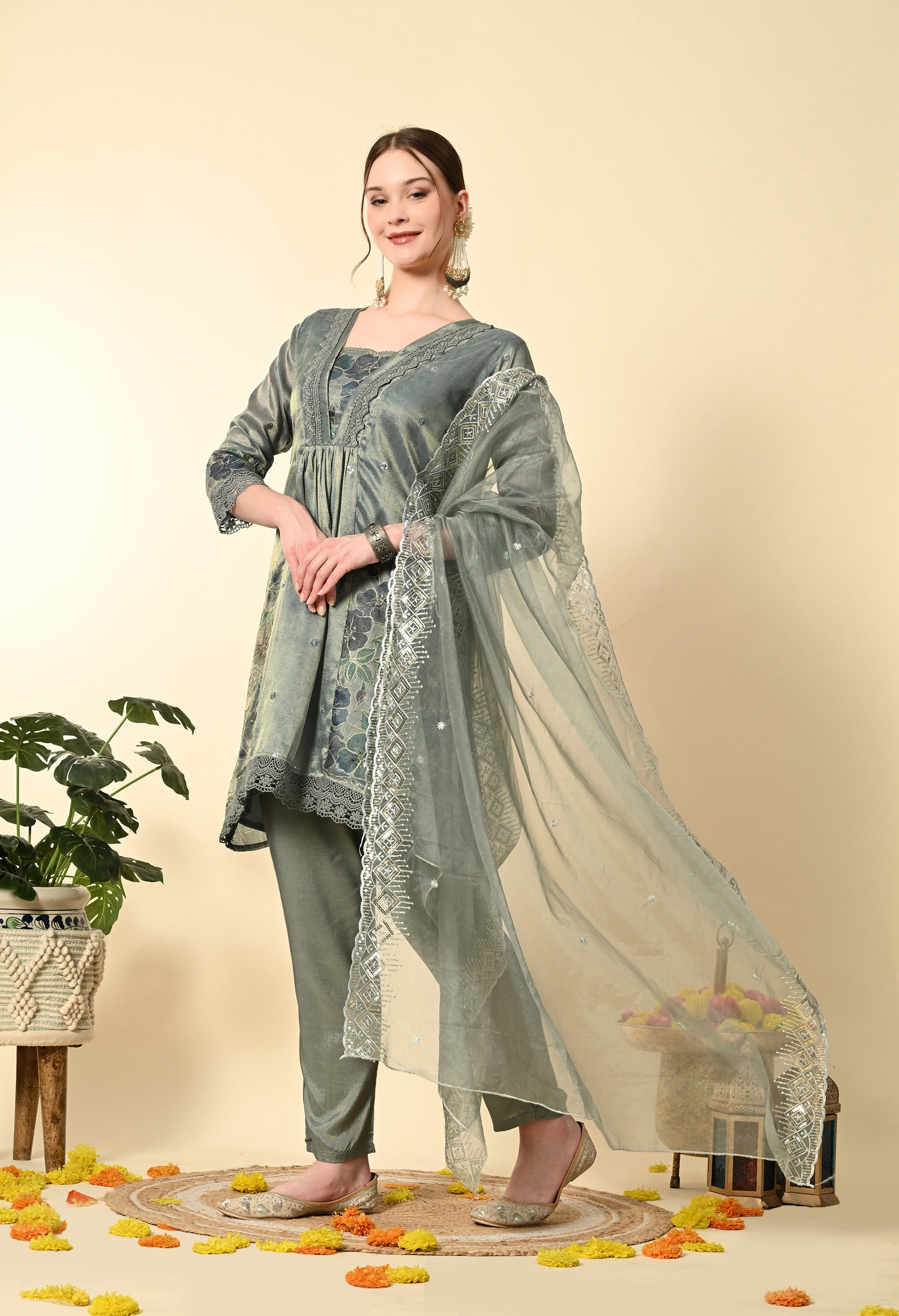 Greenish Blue Tissue Embroidery Suit Set