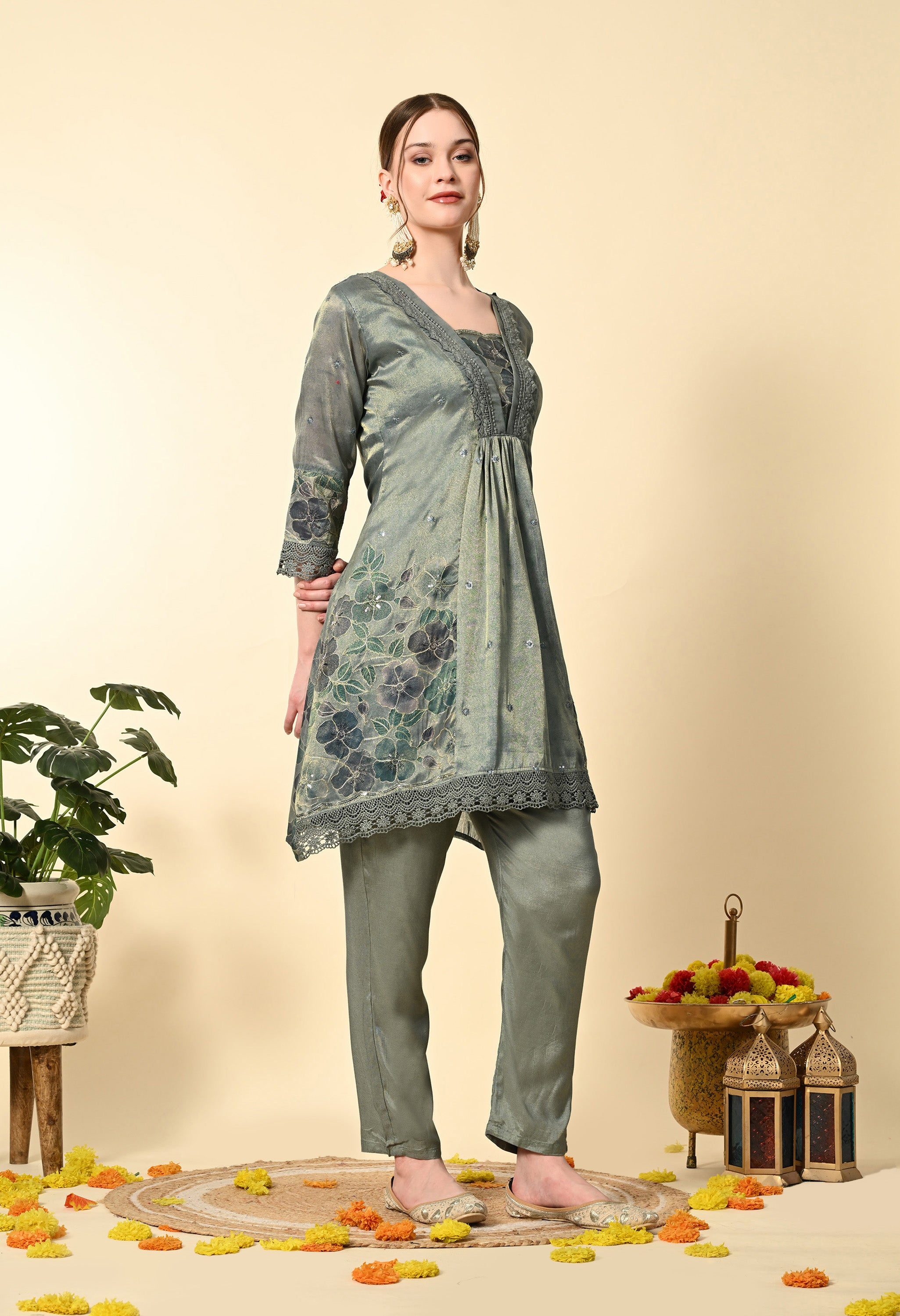 Greenish Blue Tissue Embroidery Suit Set