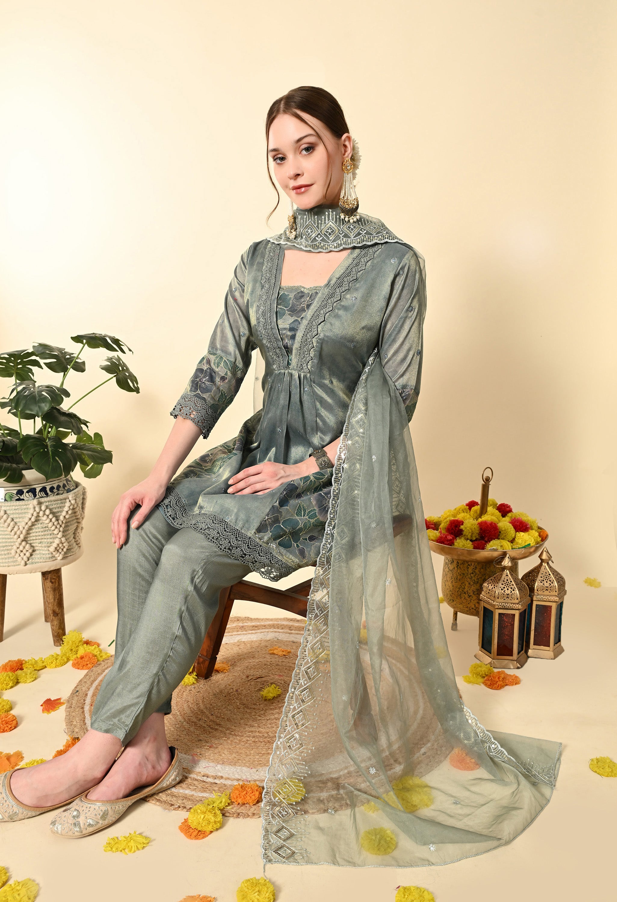 Greenish Blue Tissue Embroidery Suit Set