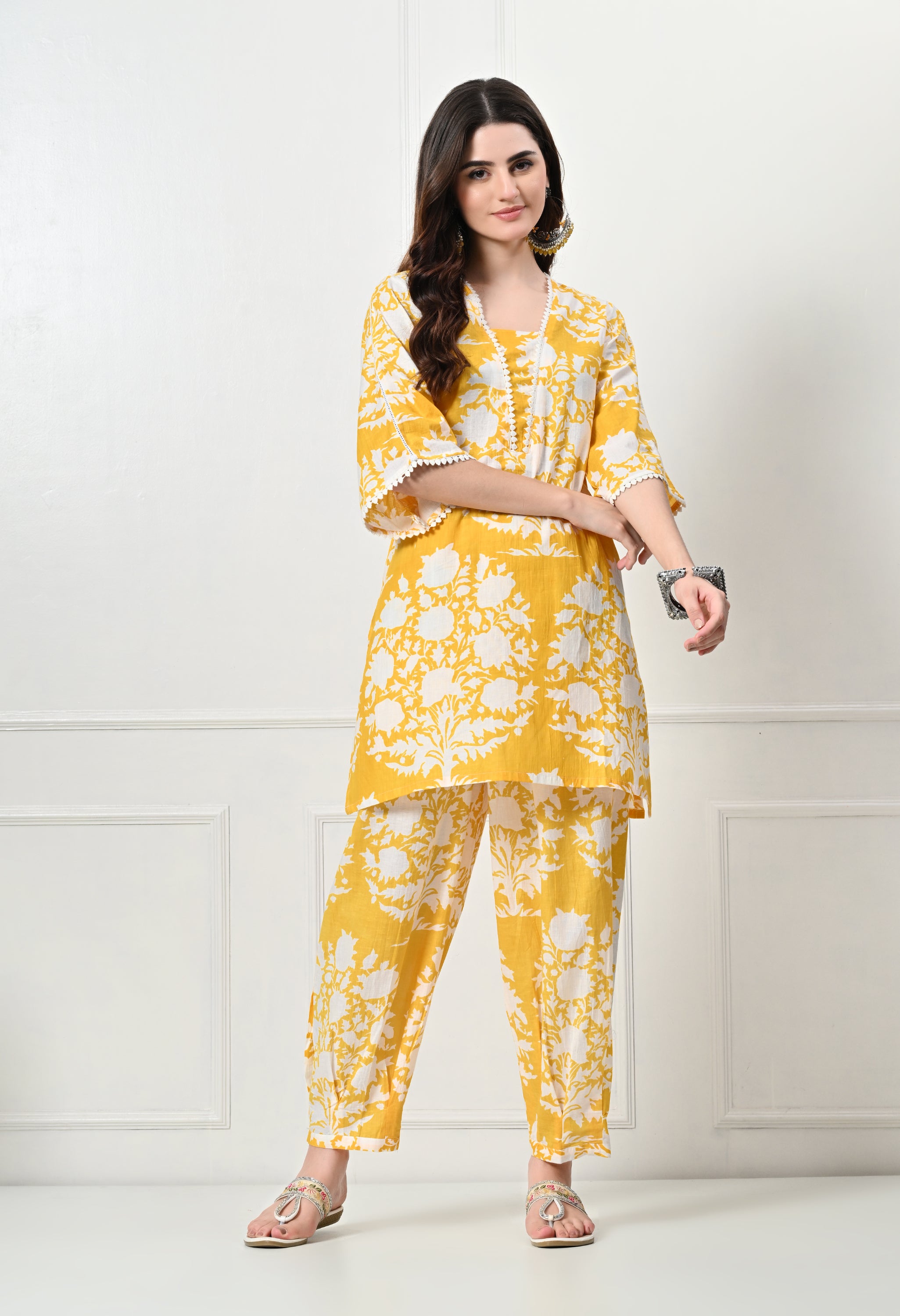 Yellow Big Floral Kurta set with Lace Details