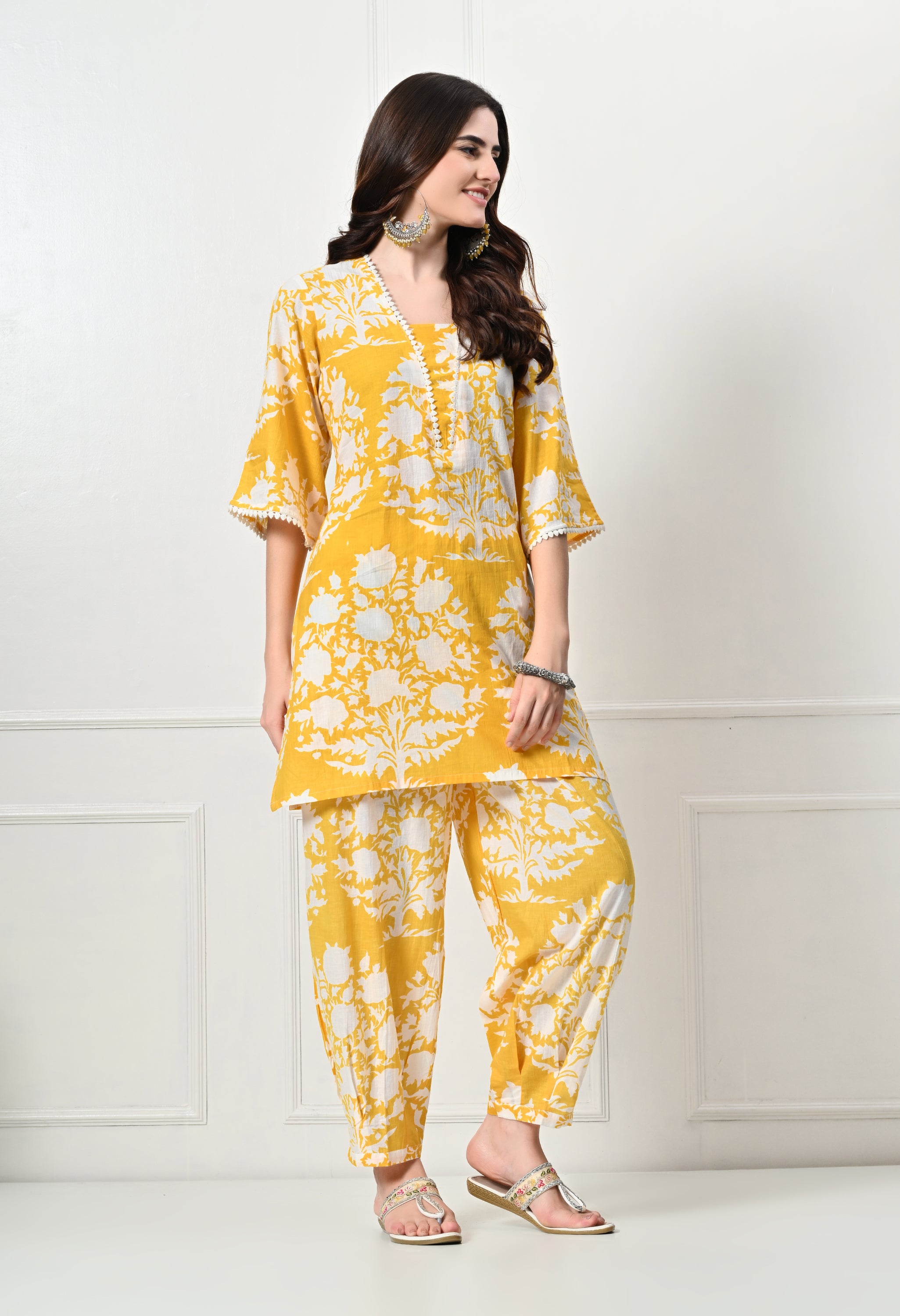 Yellow Big Floral Kurta set with Lace Details