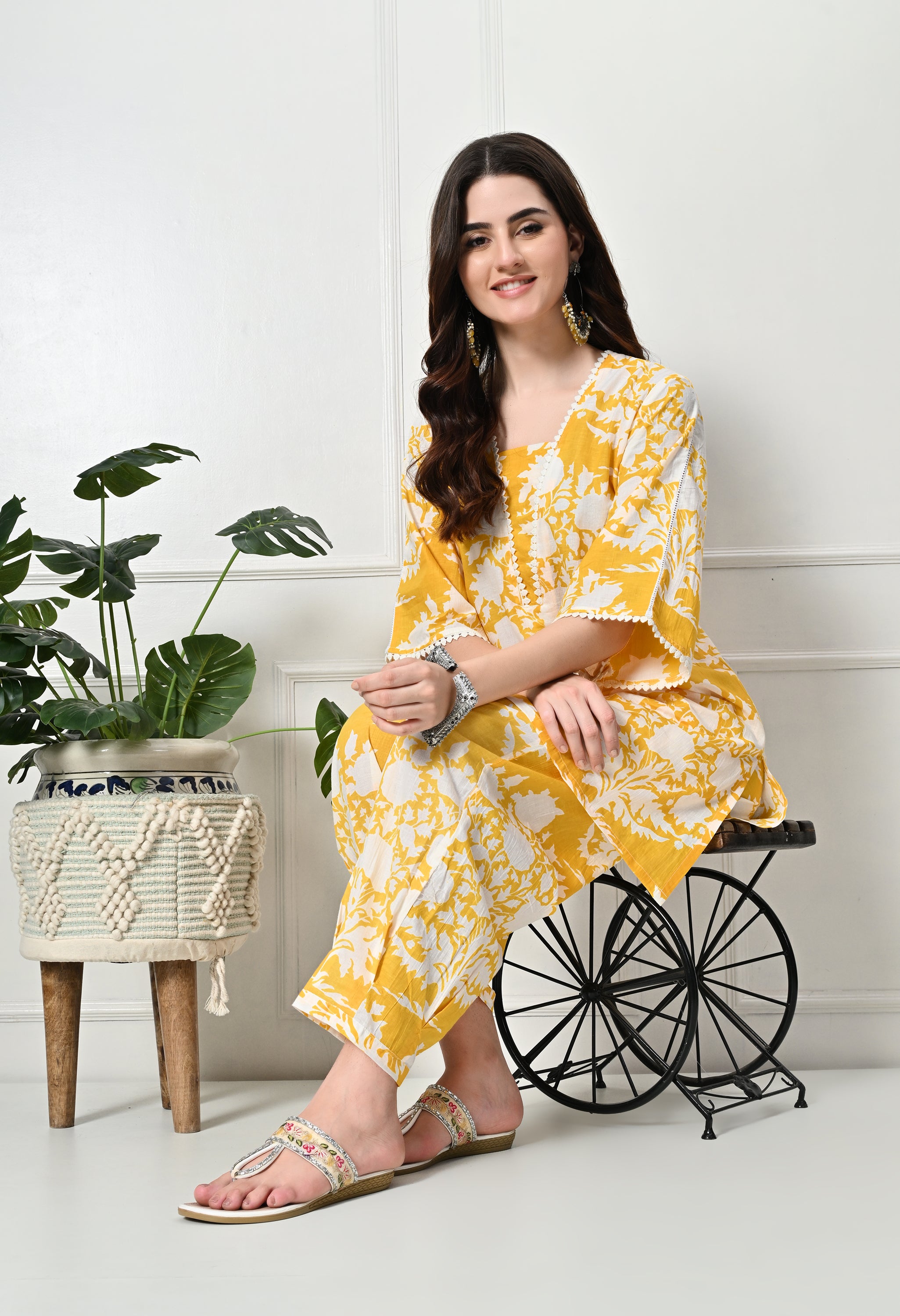 Yellow Big Floral Kurta set with Lace Details