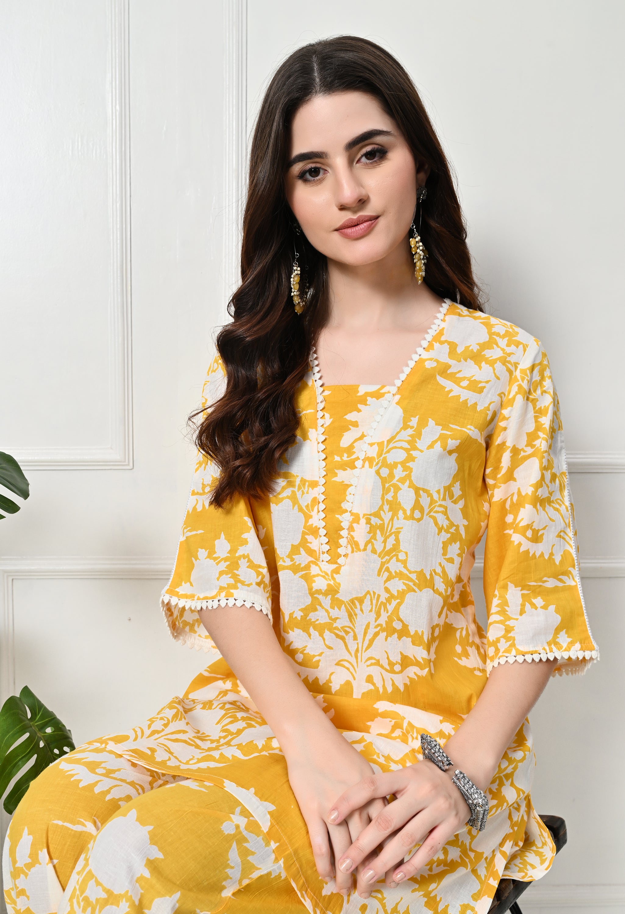 Yellow Big Floral Kurta set with Lace Details