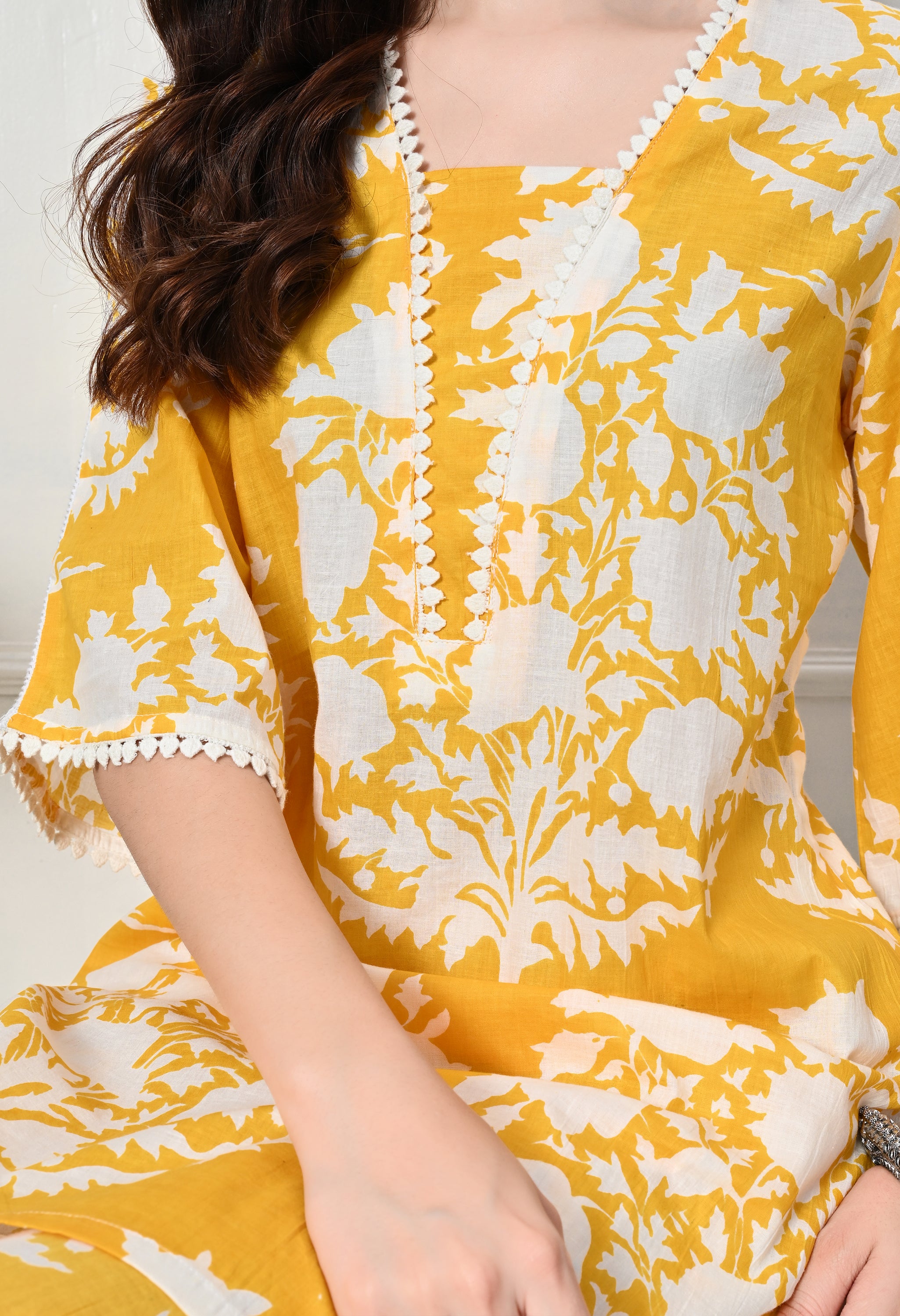 Yellow Big Floral Kurta set with Lace Details