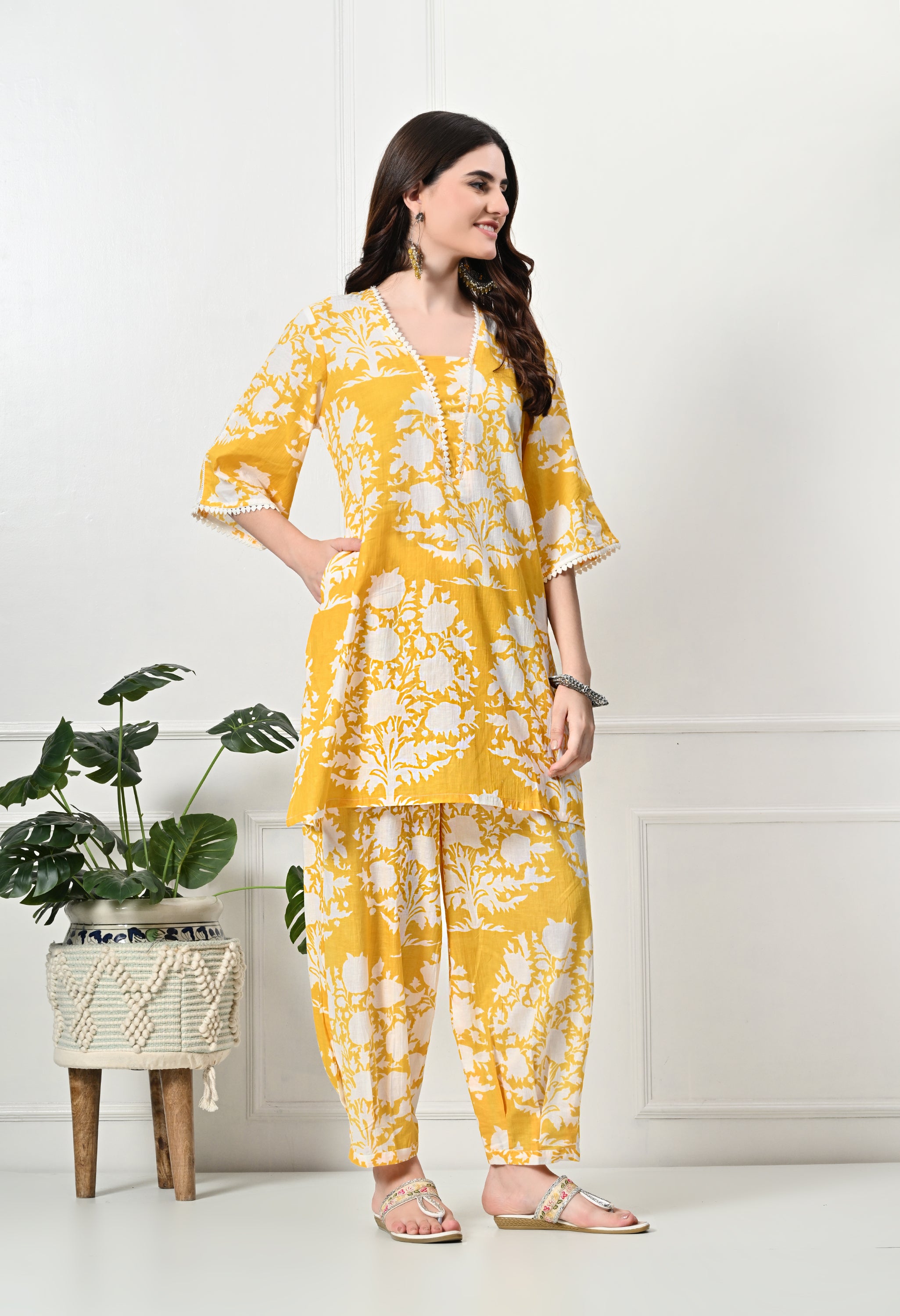 Yellow Big Floral Kurta set with Lace Details