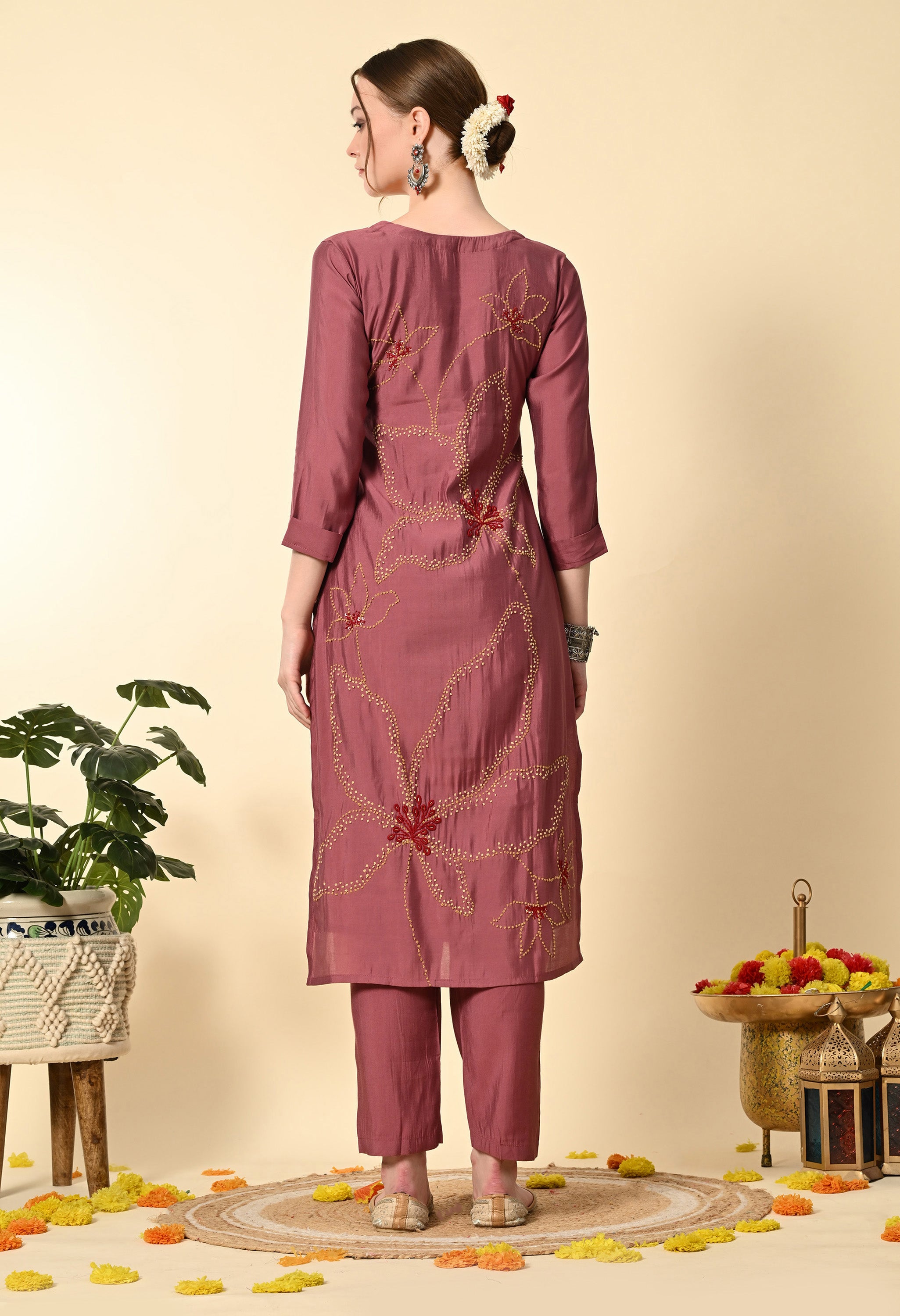 Cinnamon Pink Knot Work Hand Embroidery Suit Set - Set of 3