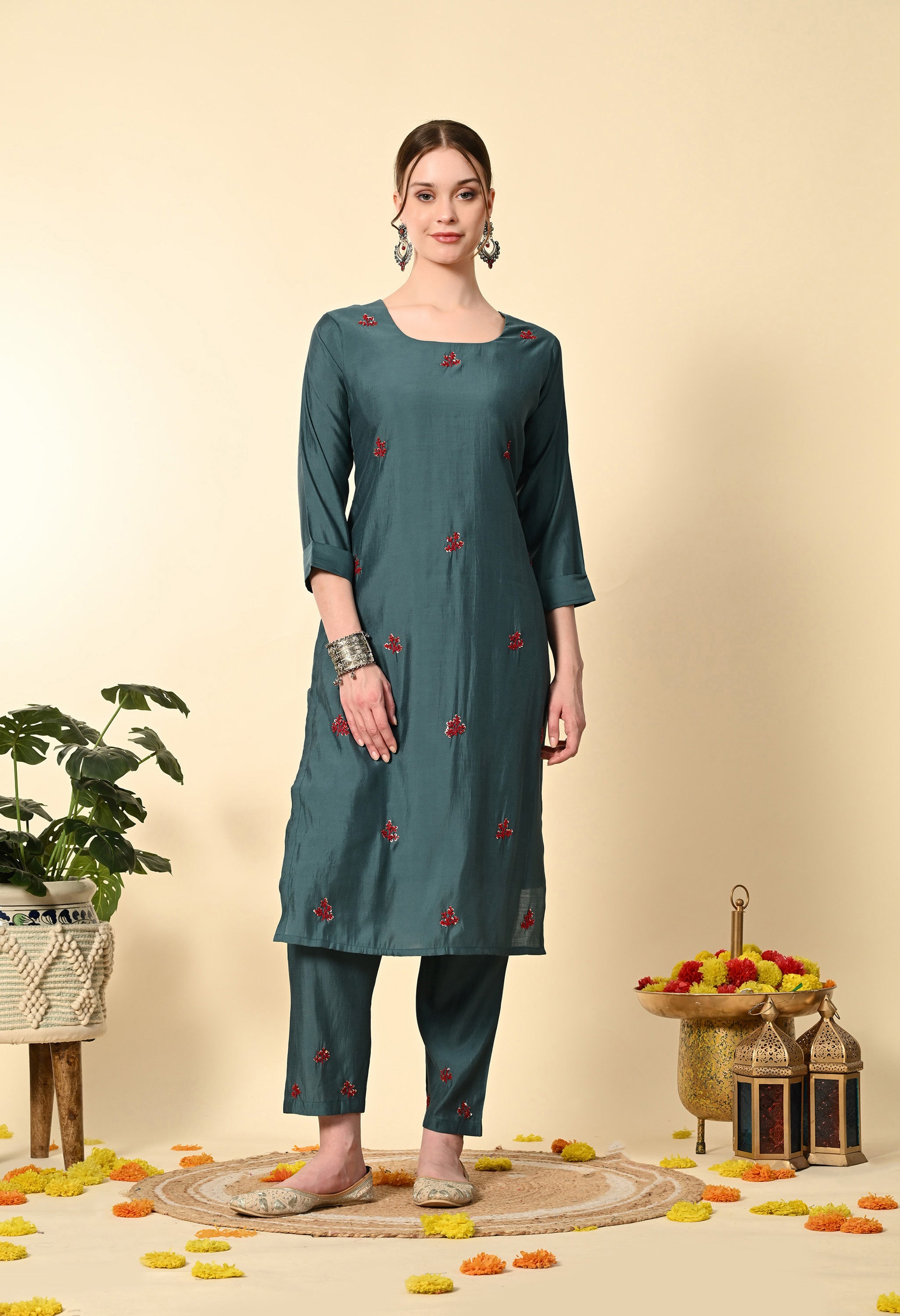 Blue Knot Work Embroidery Suit Set