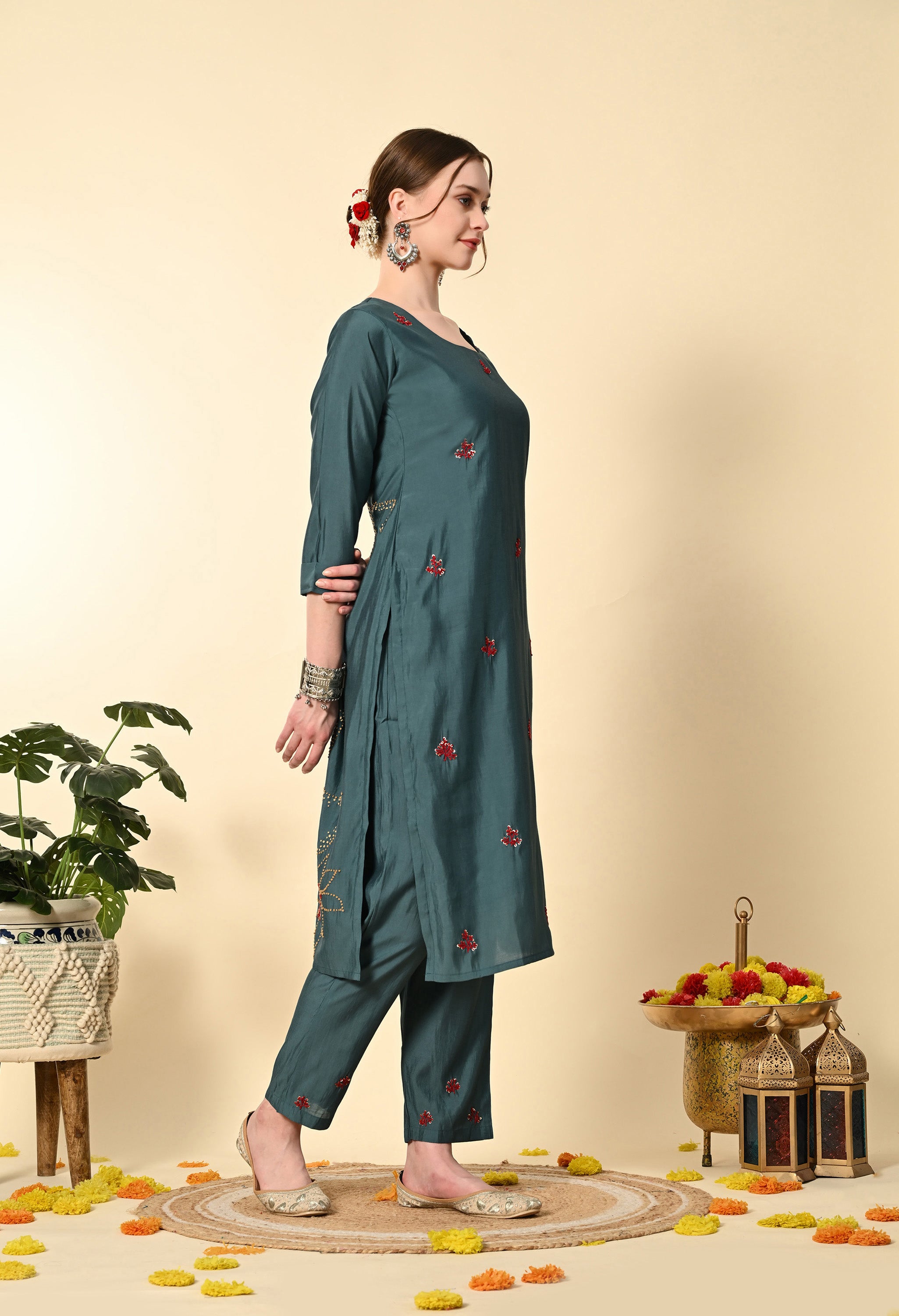 Blue Knot Work Embroidery Suit Set