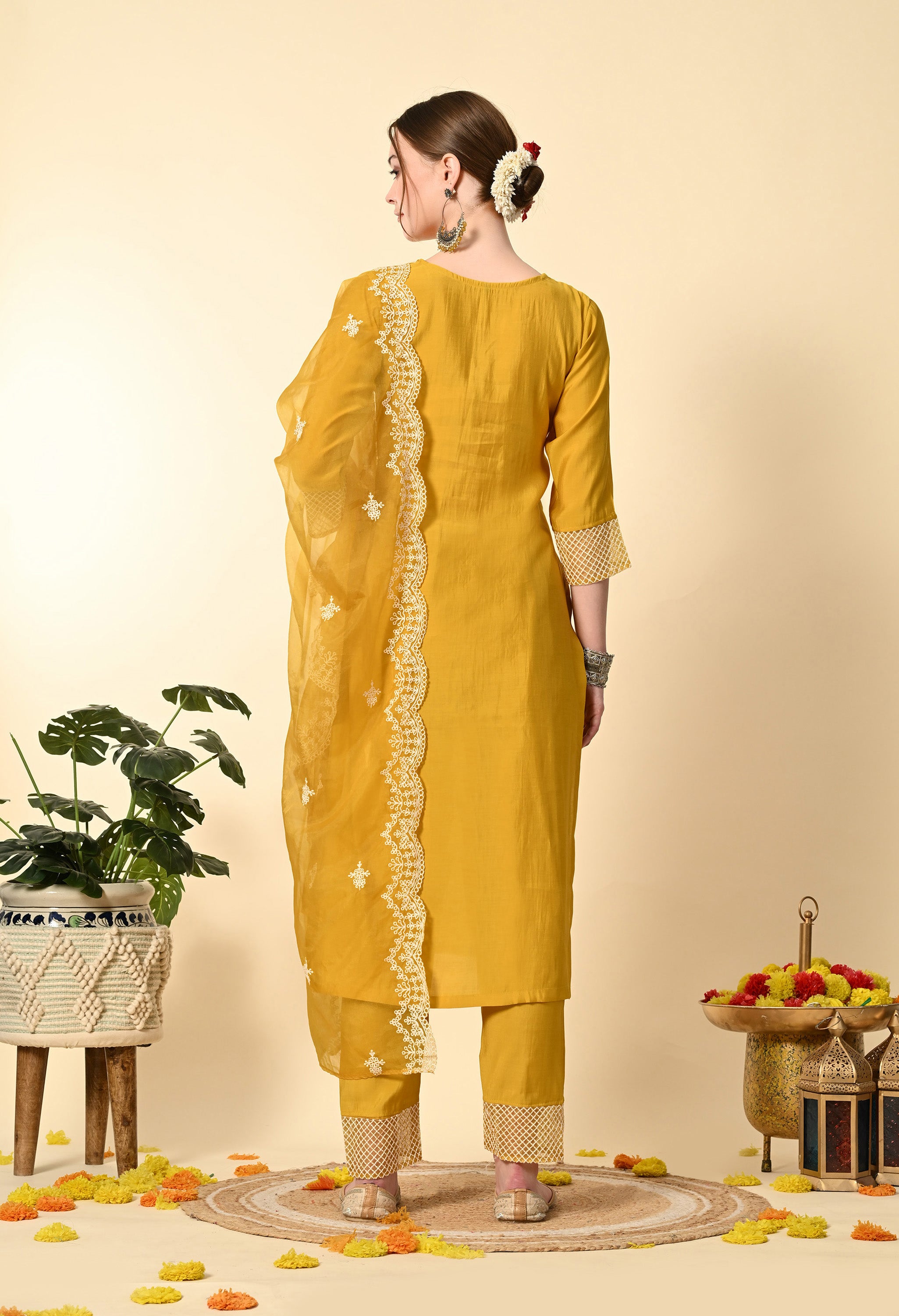 Mustard Yellow Thread Work  Embroidery Suit Set