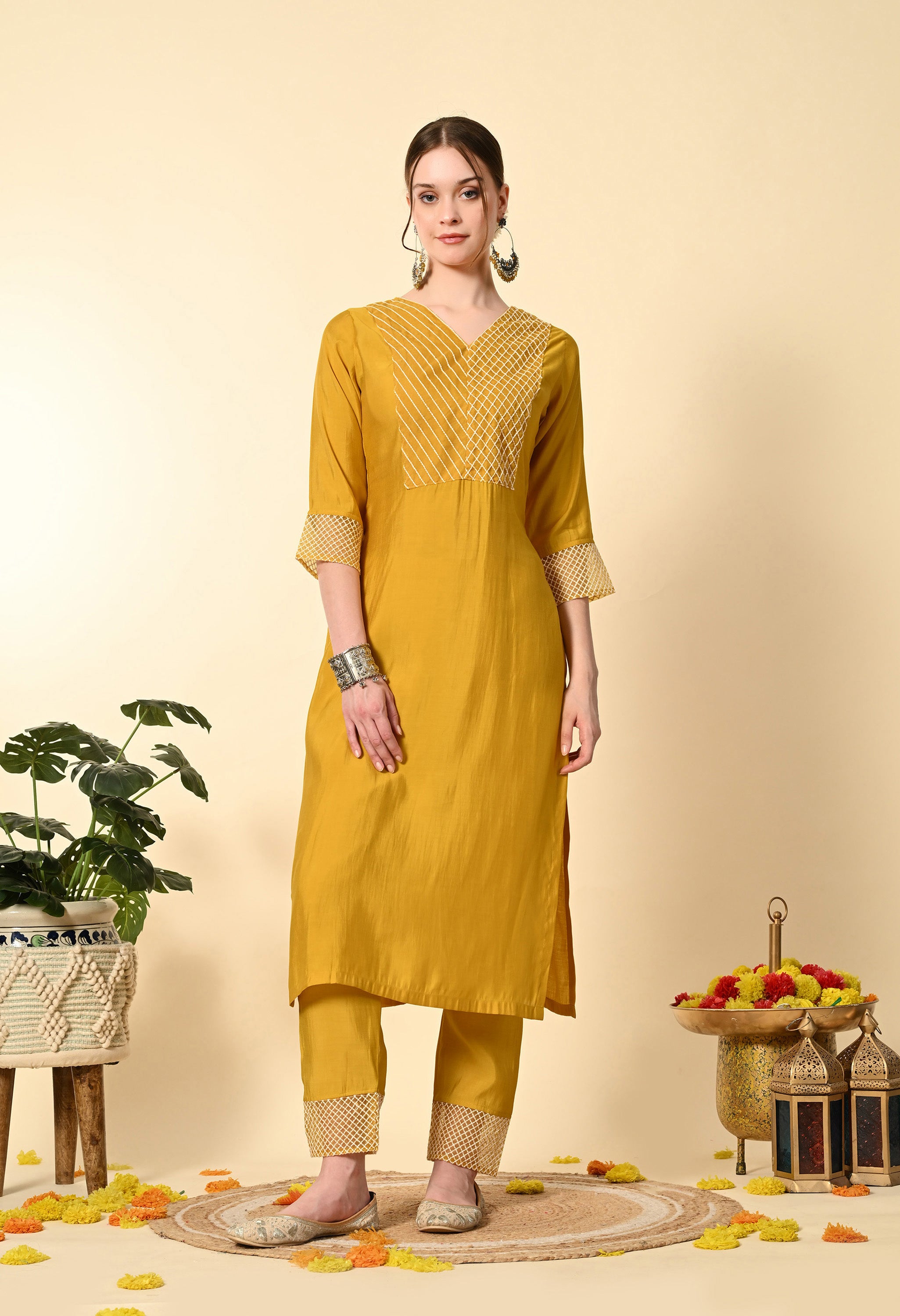 Mustard Yellow Thread Work  Embroidery Suit Set