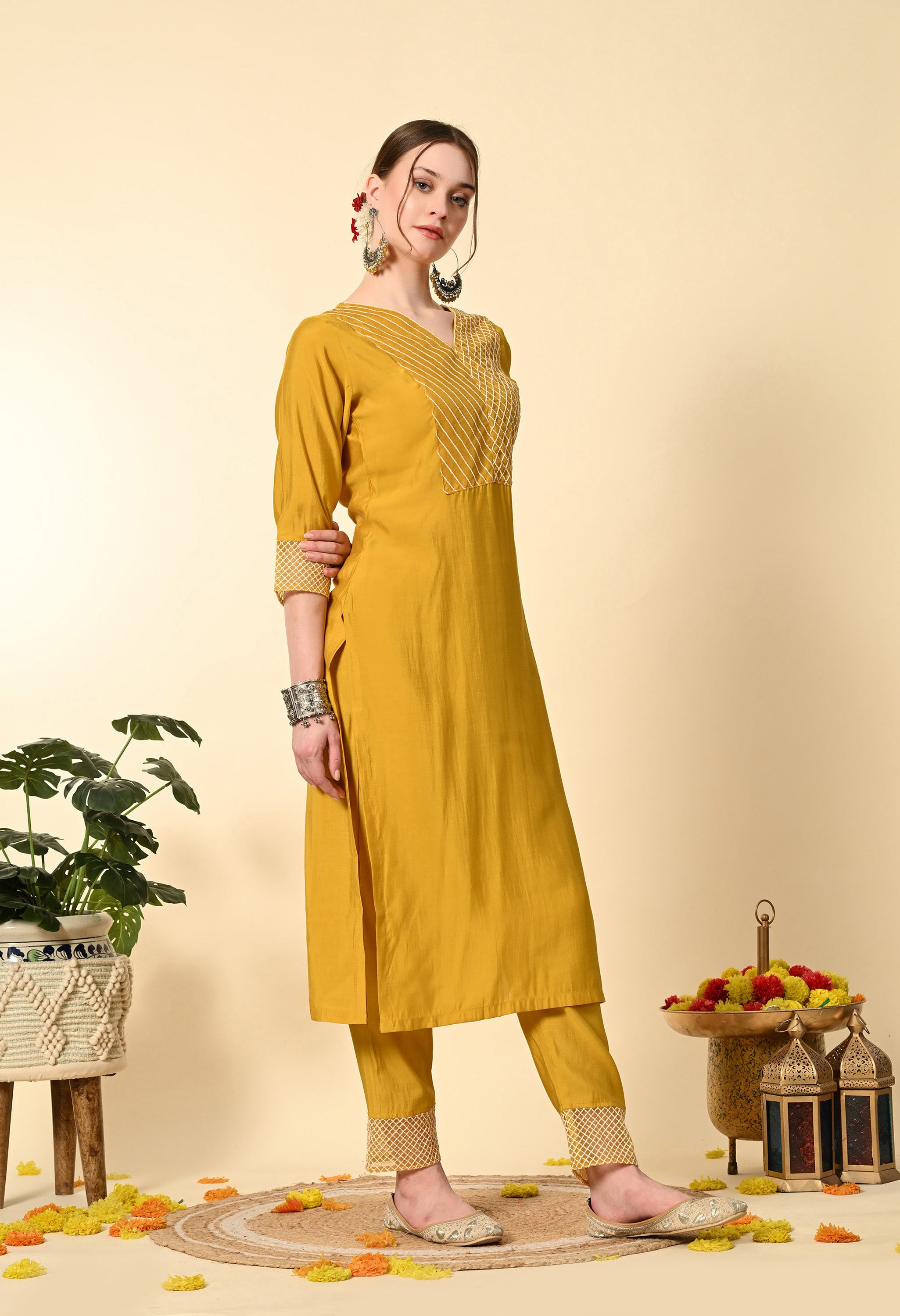 Mustard Yellow Thread Work  Embroidery Suit Set