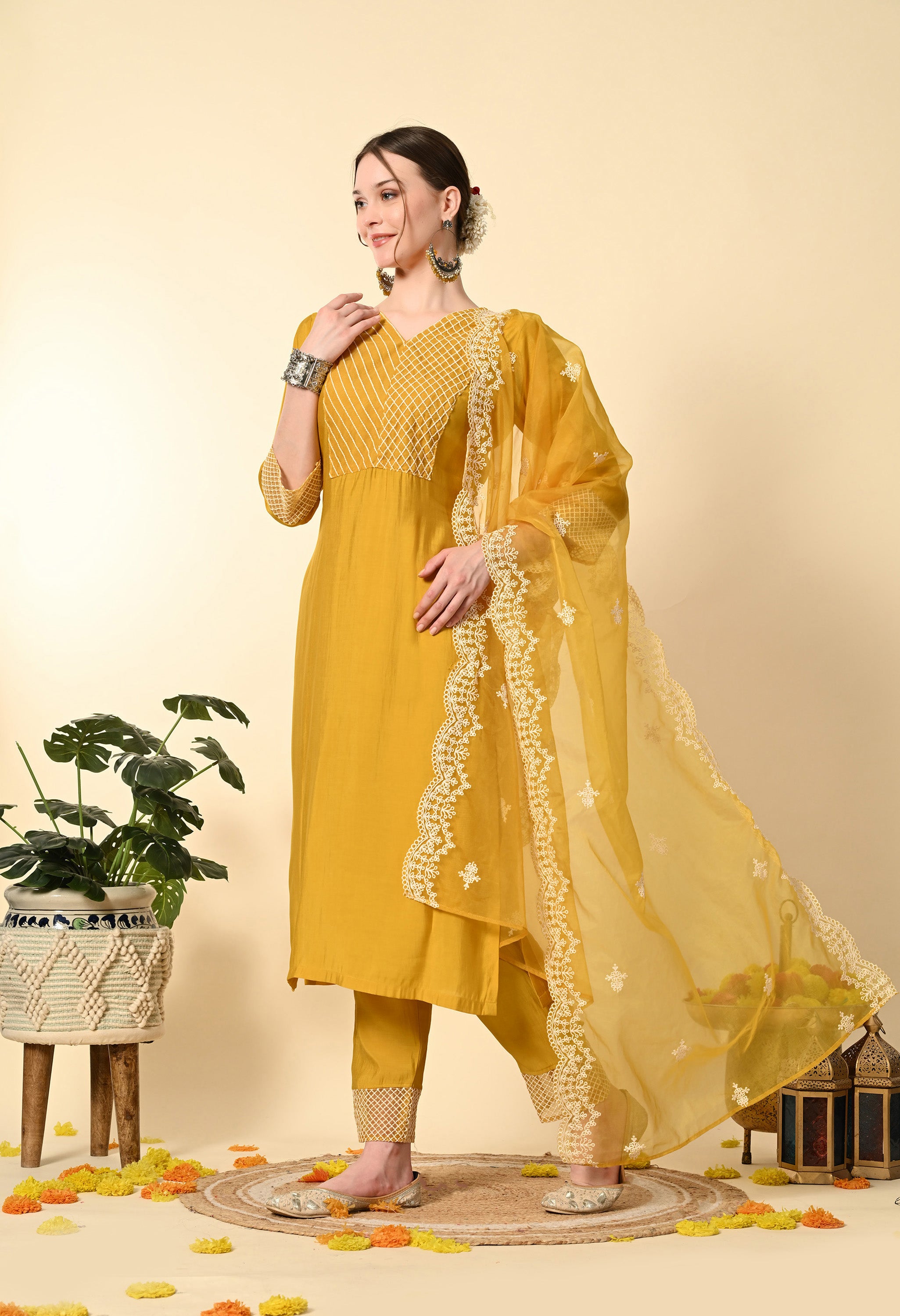 Mustard Yellow Thread Work  Embroidery Suit Set