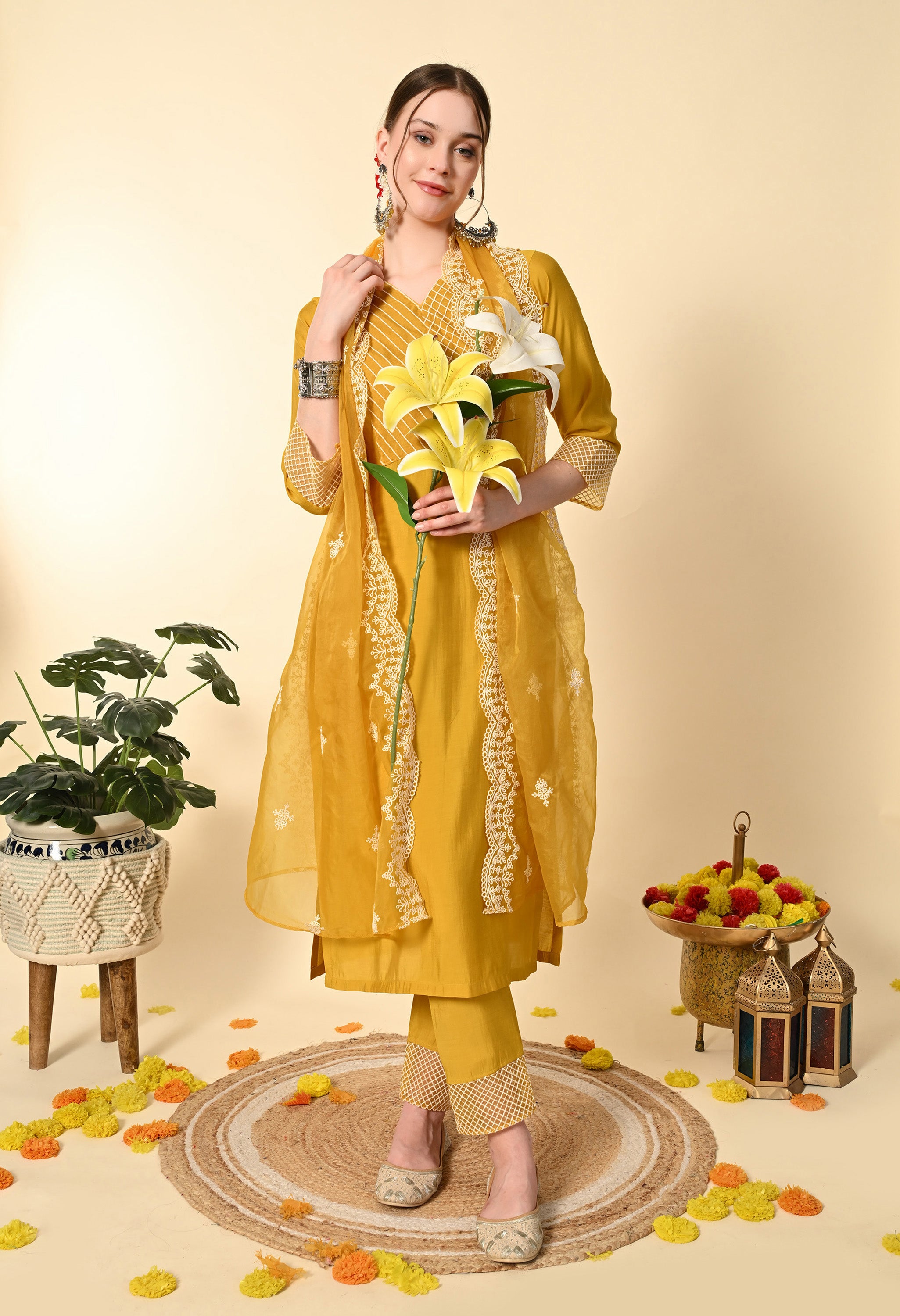 Mustard Yellow Thread Work  Embroidery Suit Set